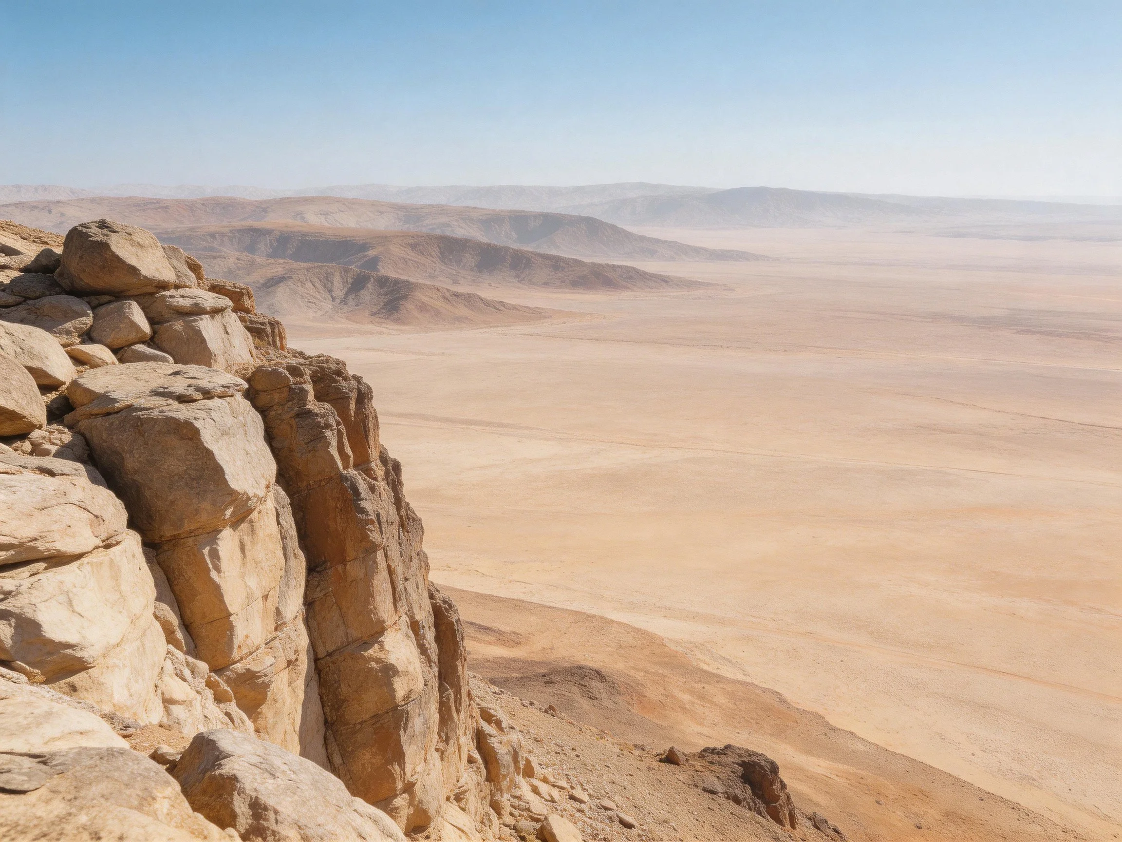 Rugged stone cliff overlooks vast beige desert terrain