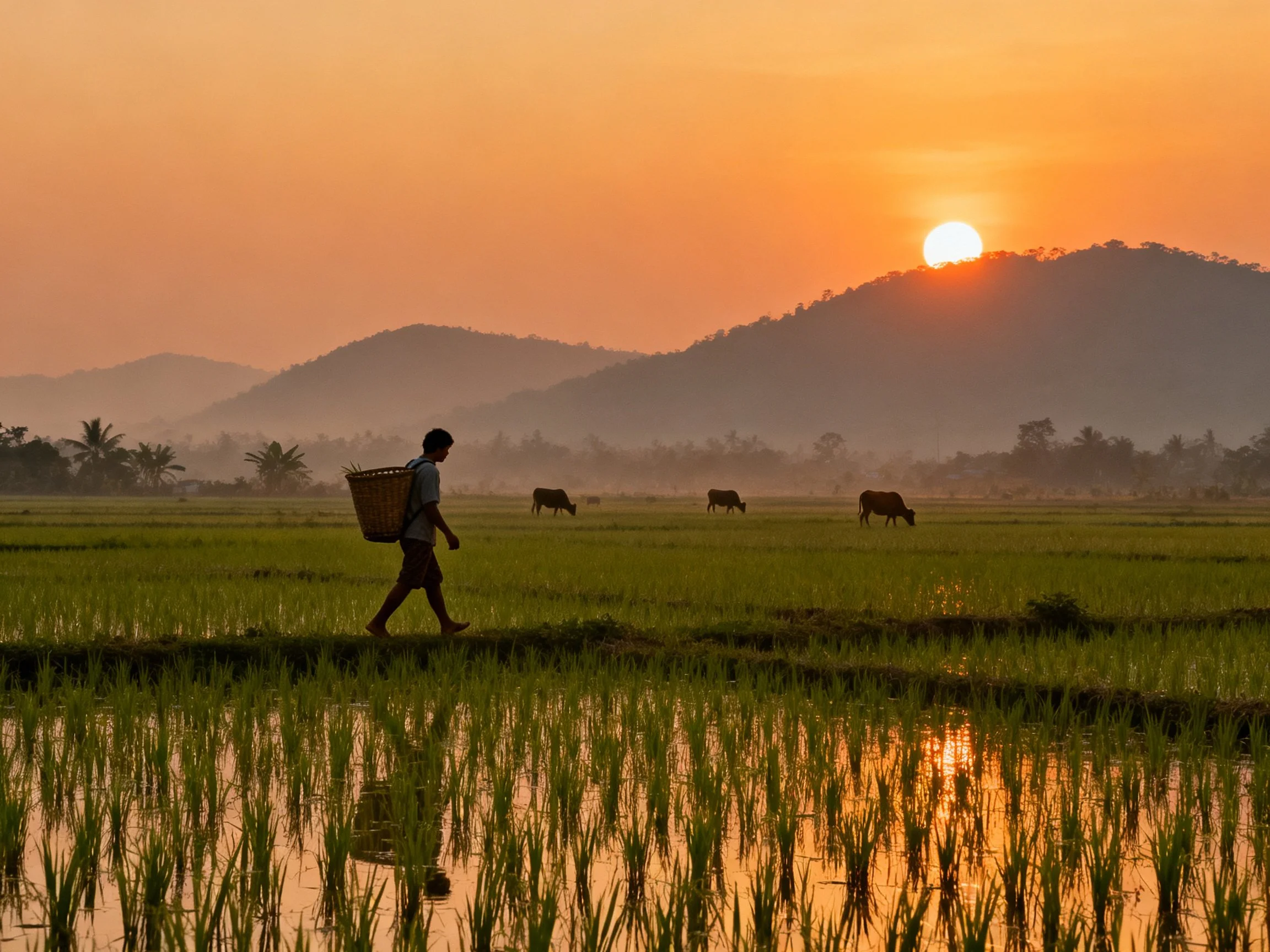 Rural Sunset Scene: Farmer Carrying Basket Through Rice Field
