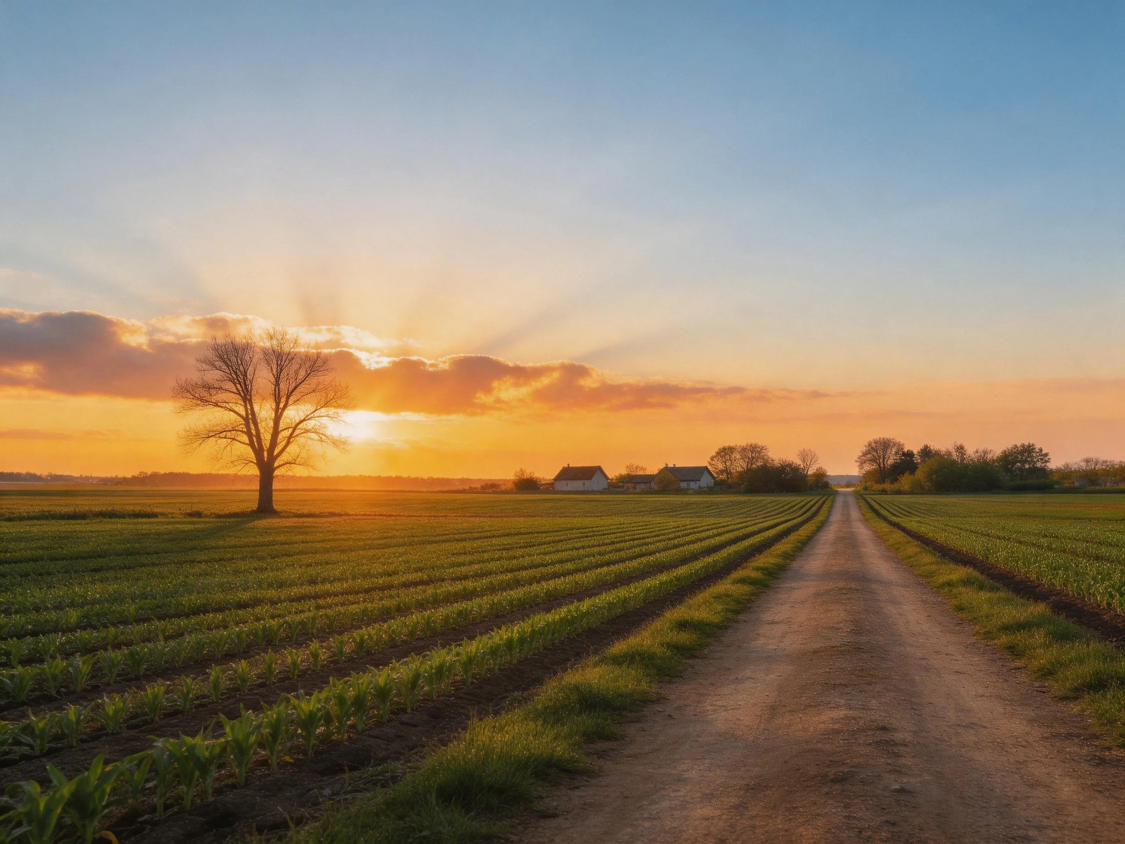 Rural sunset landscape with crop rows, dirt road, and lone tree