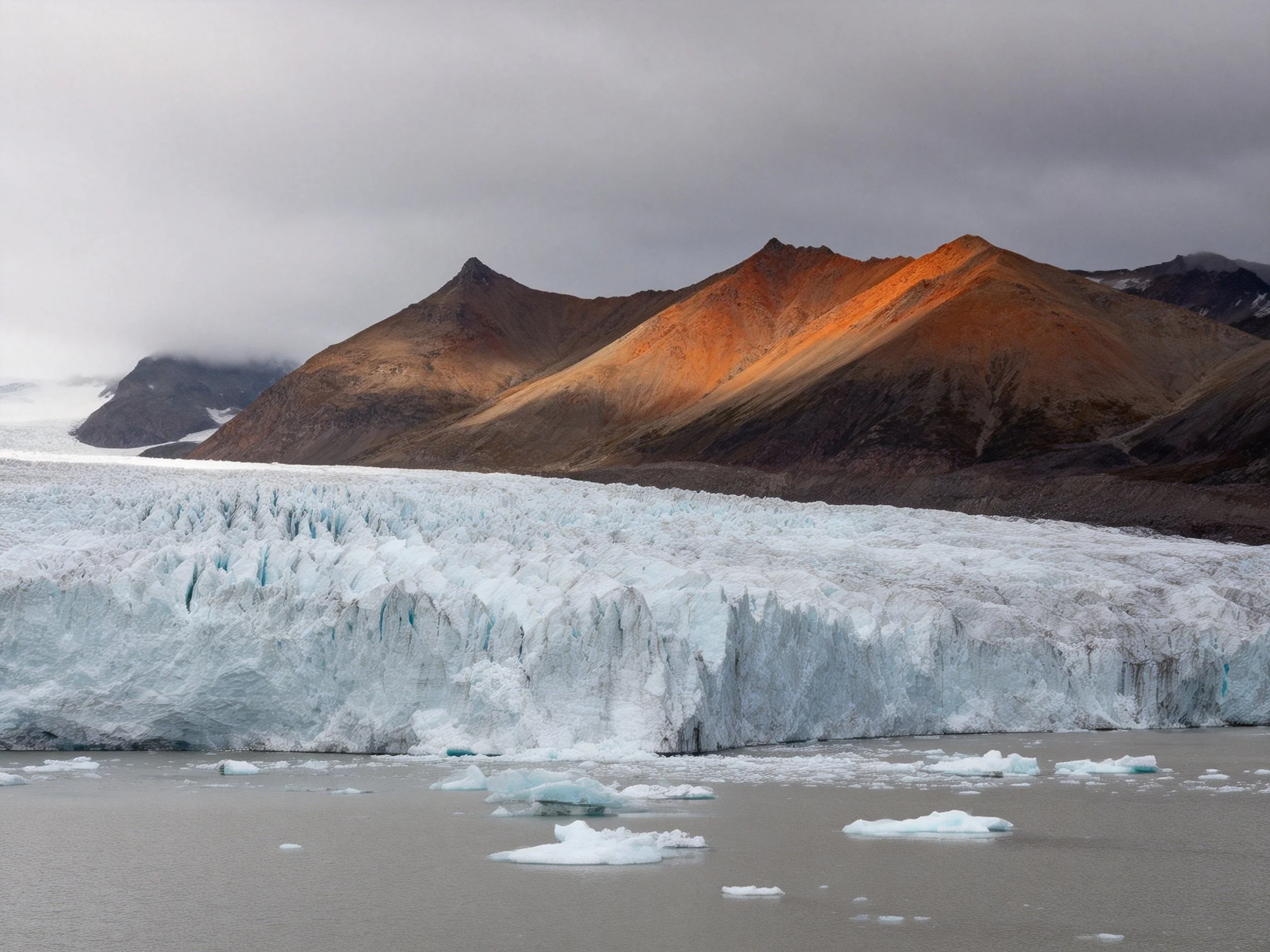 Rust-hued mountains behind a sprawling glacier with floating ice chunks