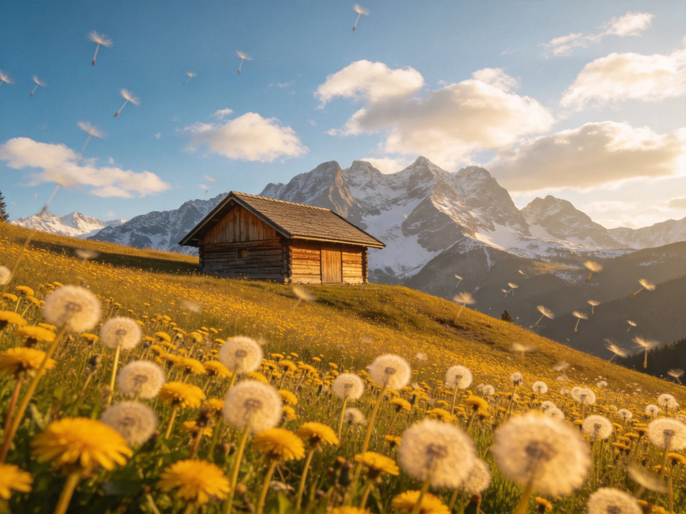 Rustic Cabin Among Golden Meadow and Snow-Capped Mountains