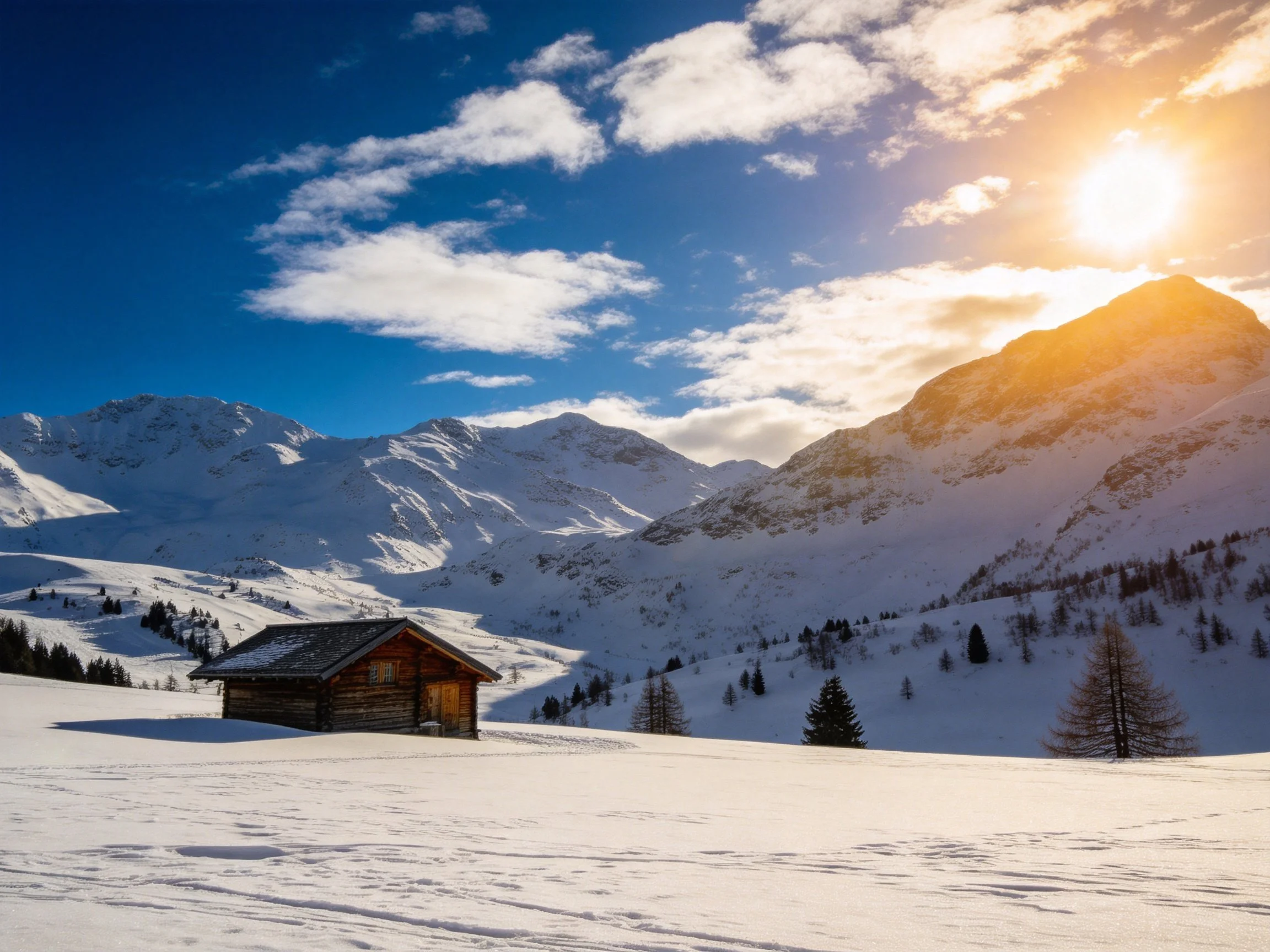 Rustic Cabin Among Snow-Capped Mountains with Bright Sunlight