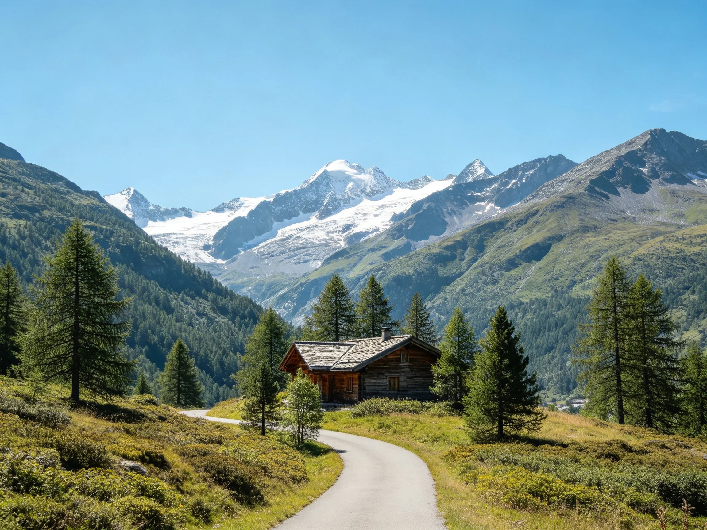 Rustic Cabin Near Winding Road, Snow-Capped Peaks