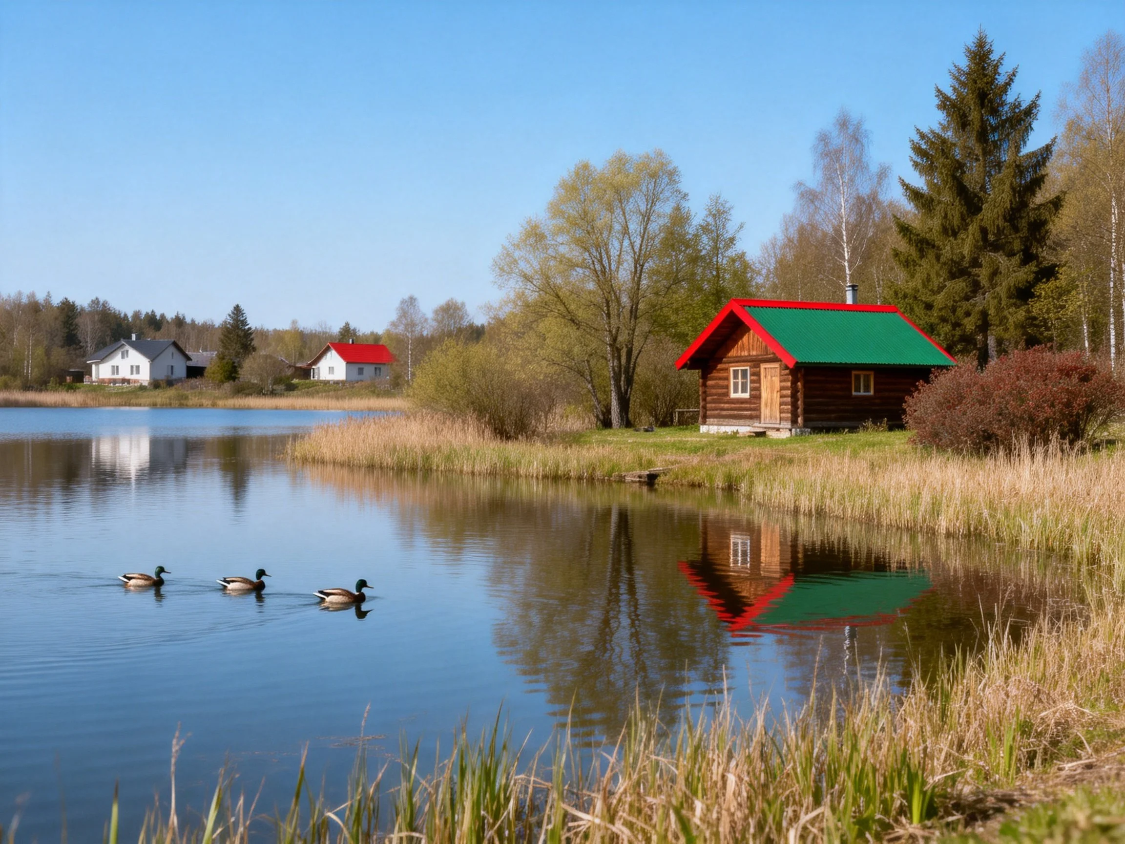 Rustic Cabin by Calm Lake with Ducks and Distant Homes