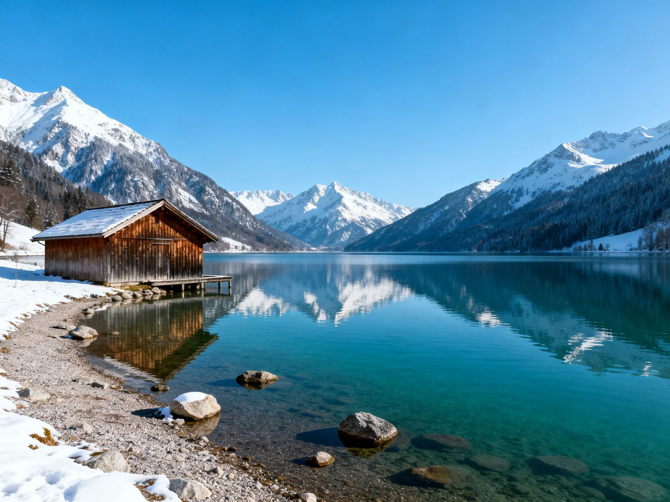 Rustic Cabin by Turquoise Lake, Snow-Capped Peaks