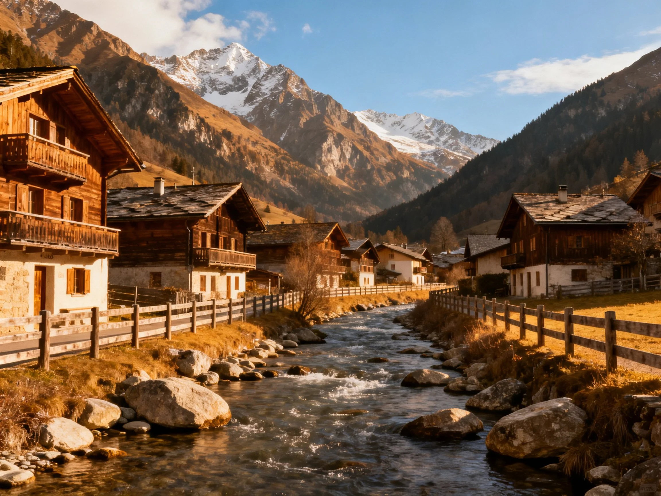 Rustic alpine homes border a rushing mountain stream beneath majestic snow-covered mountains