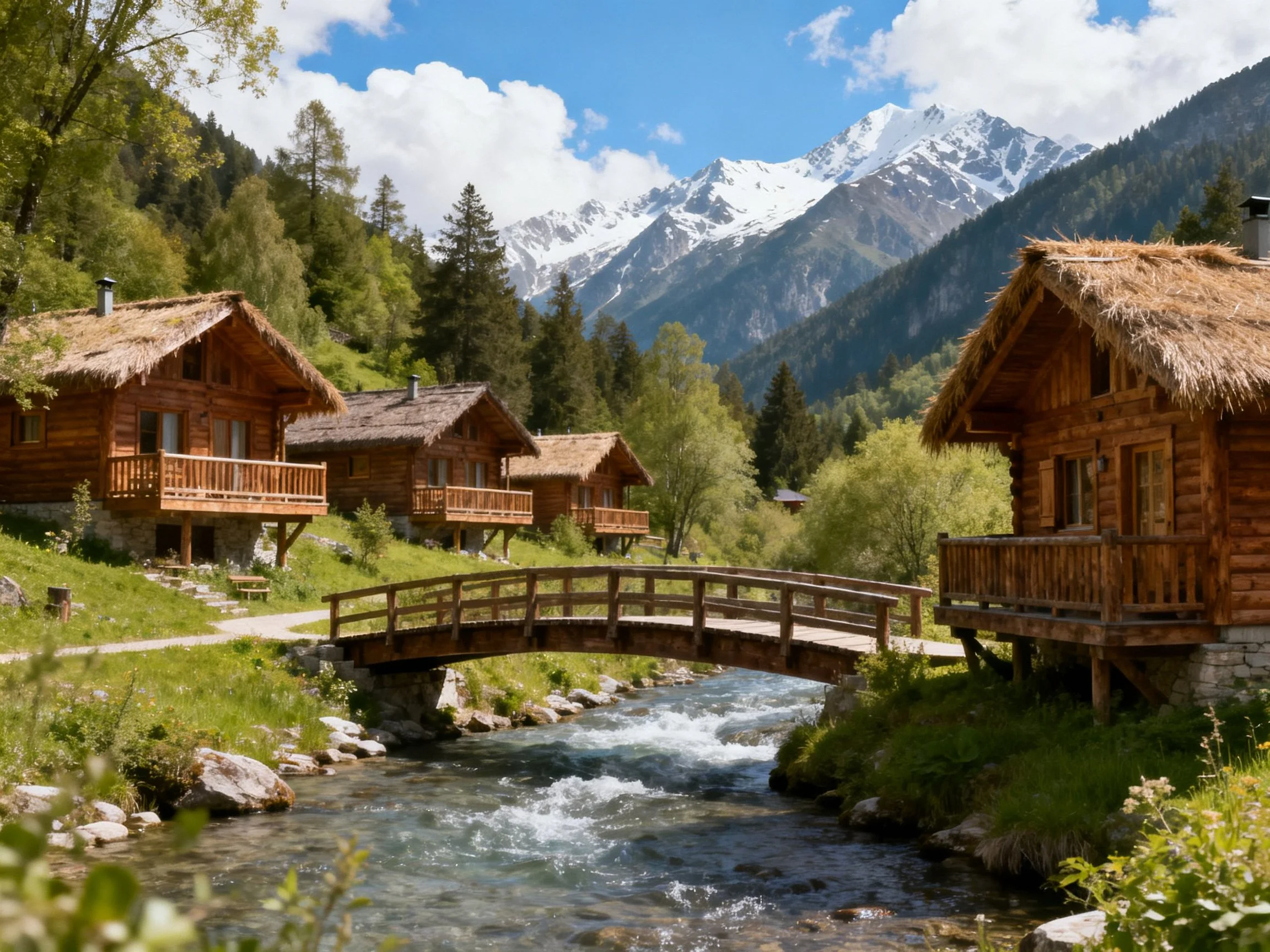 Rustic cabins with thatched roofs near mountain stream