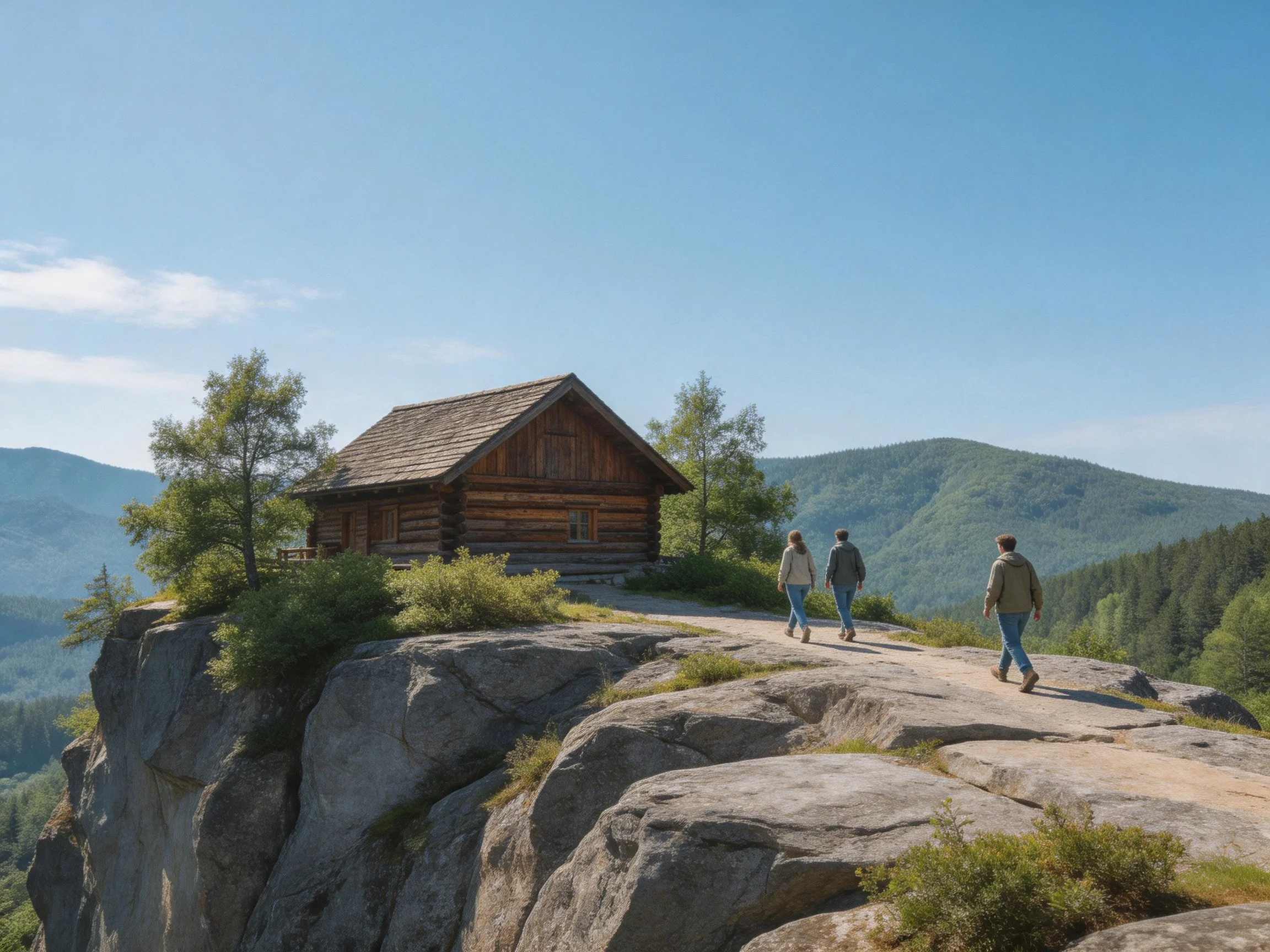 Rustic log cabin atop rocky cliff with hikers nearby