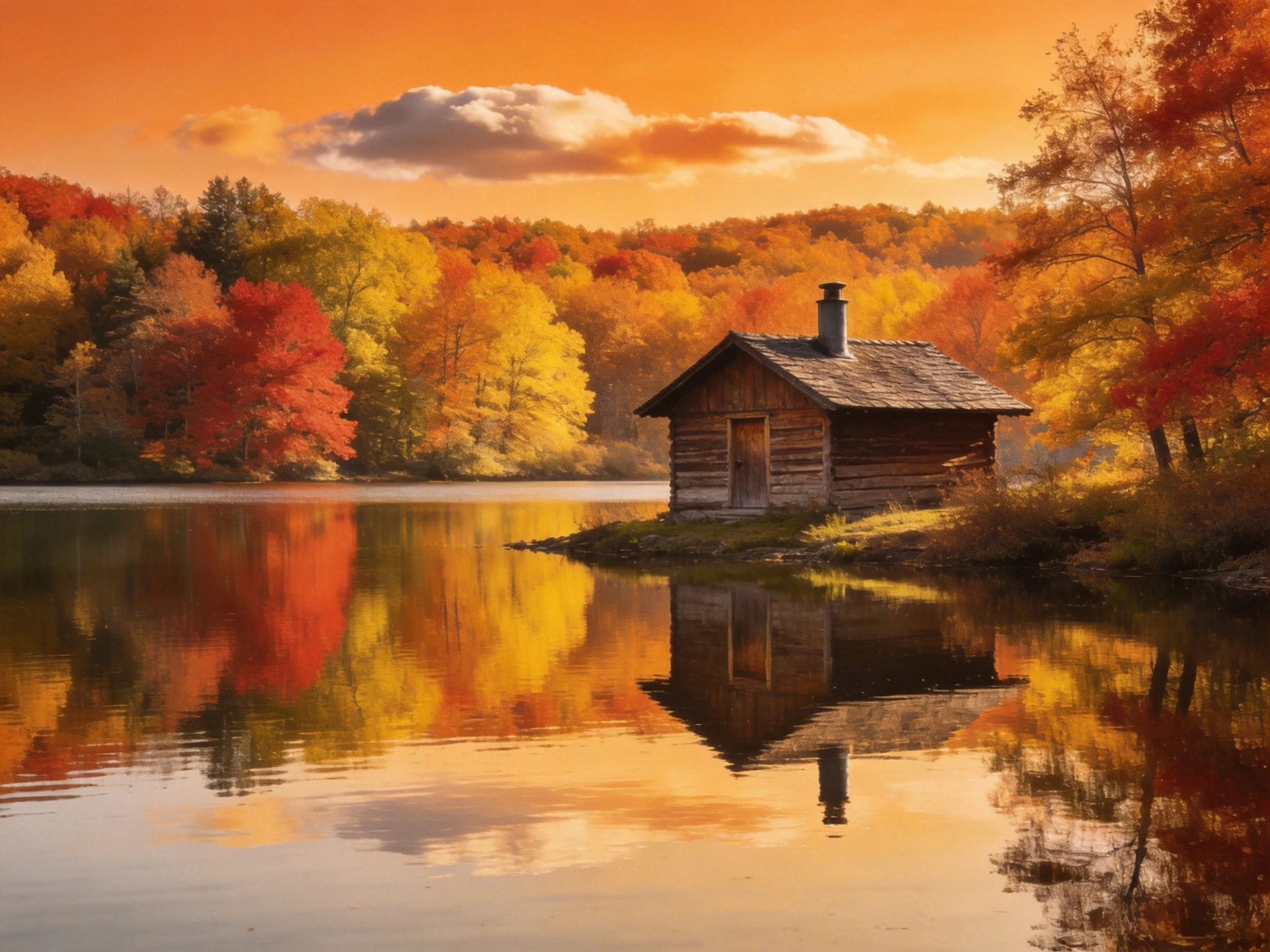 Rustic log cabin by calm autumn lake with vibrant fall foliage