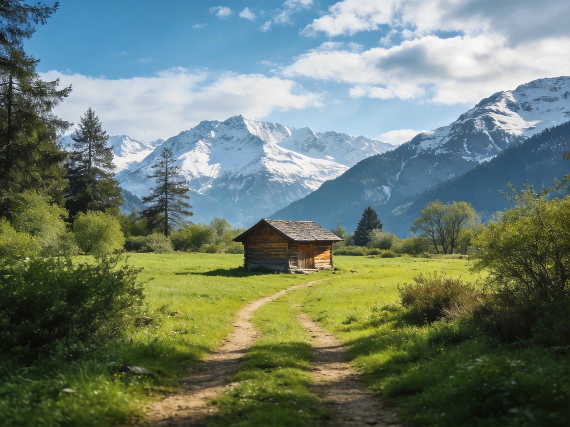 Rustic log cabin in a lush green meadow with snow-capped mountains