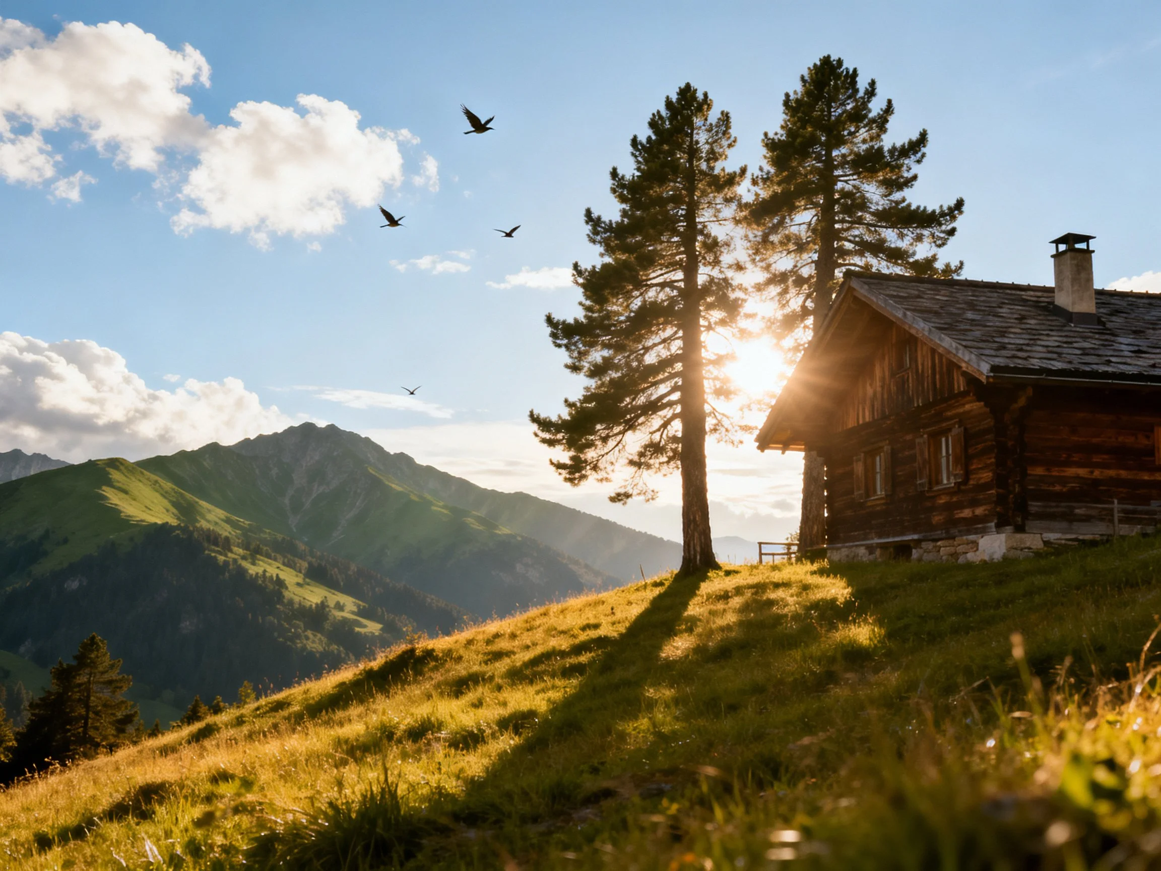 Rustic log cabin on grassy hillside near pine trees and mountains