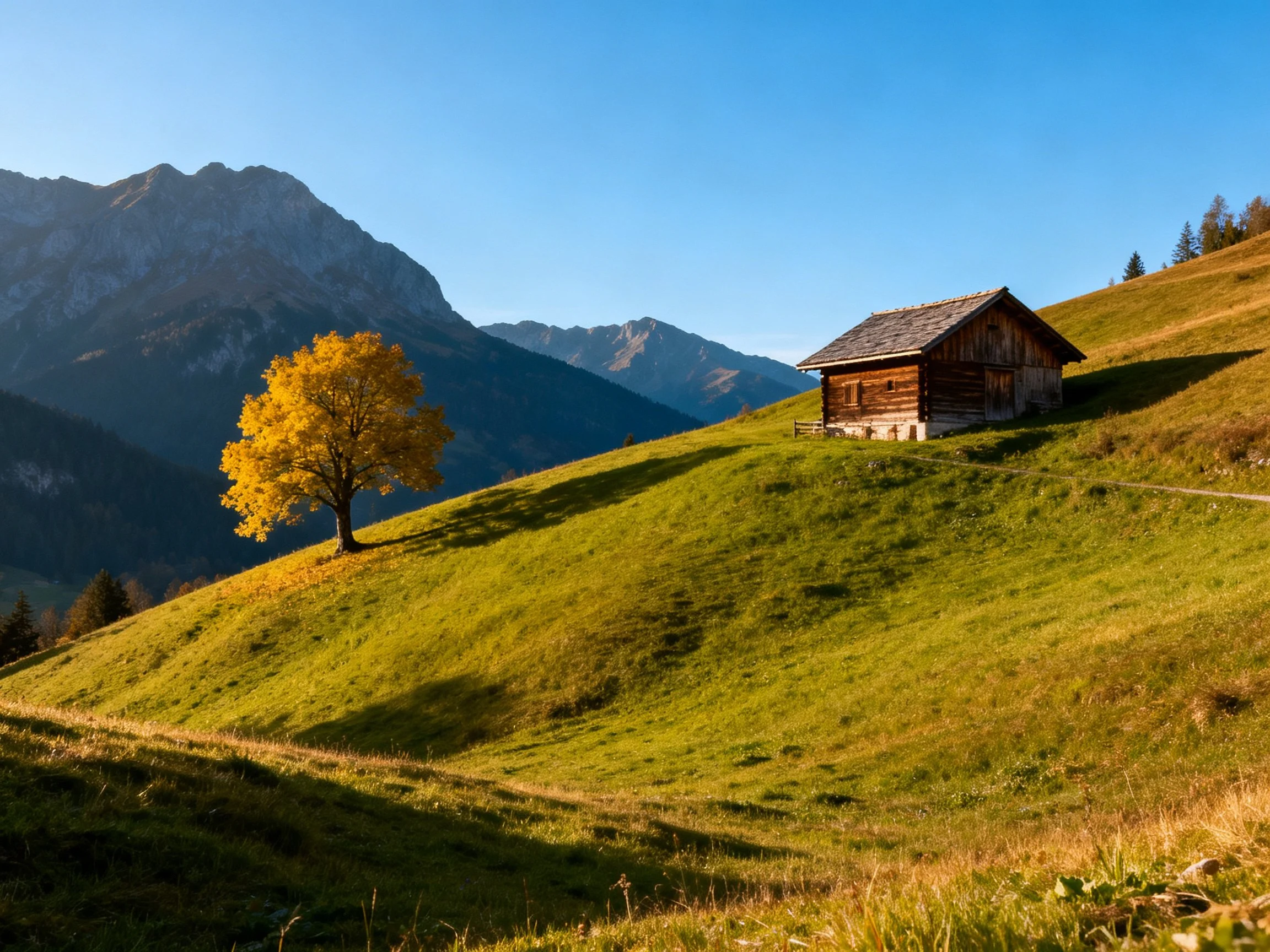 Rustic wooden cabin atop a sunlit green hillside with an autumn-colored tree