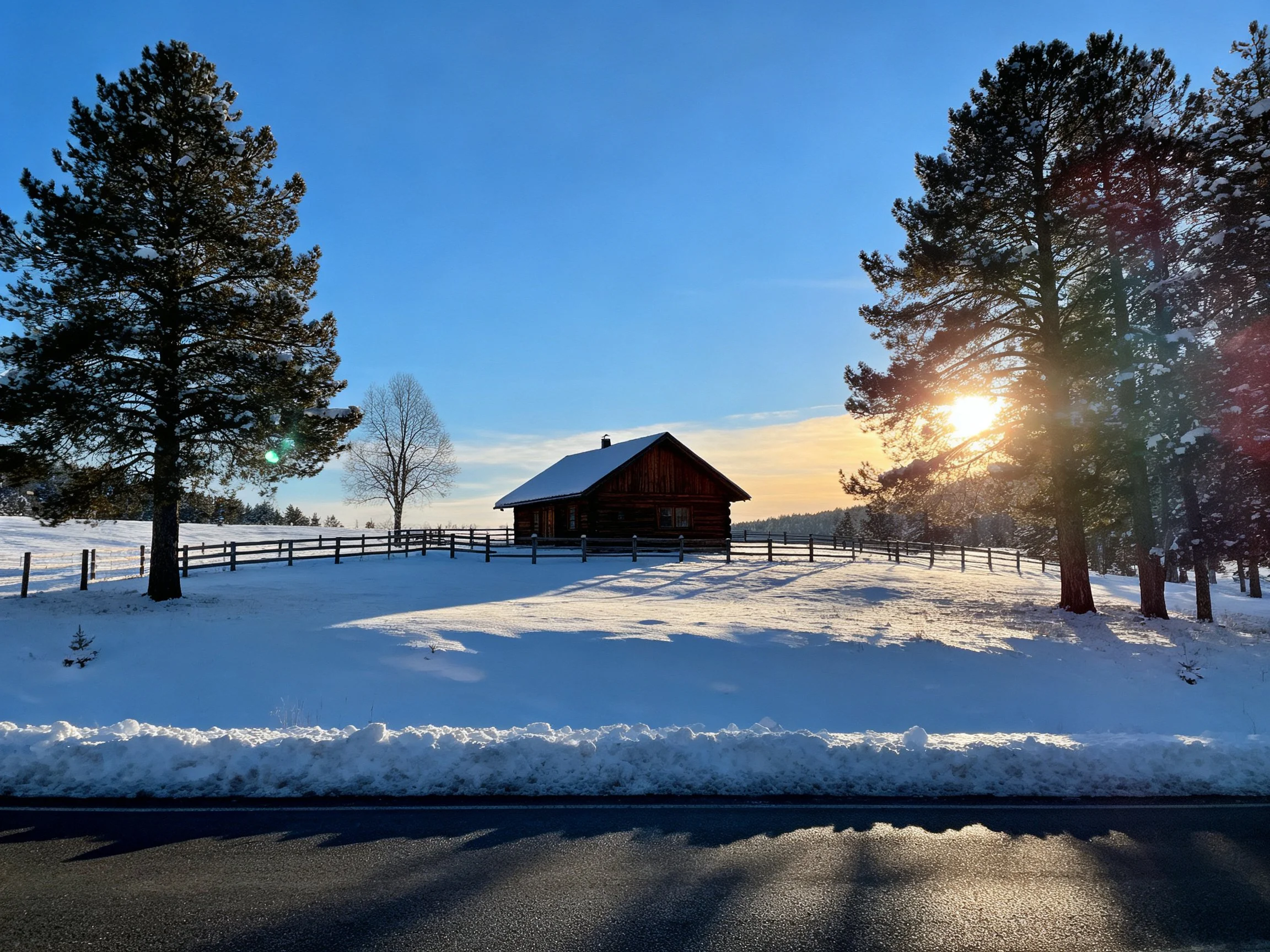 Rustic wooden cabin in snowy field with pine trees under bright sunlight
