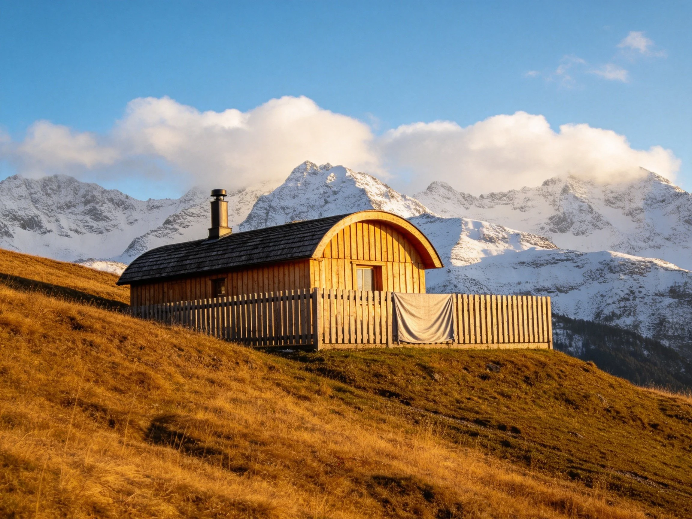 Rustic wooden cabin on a grassy hillside near snow-capped mountains
