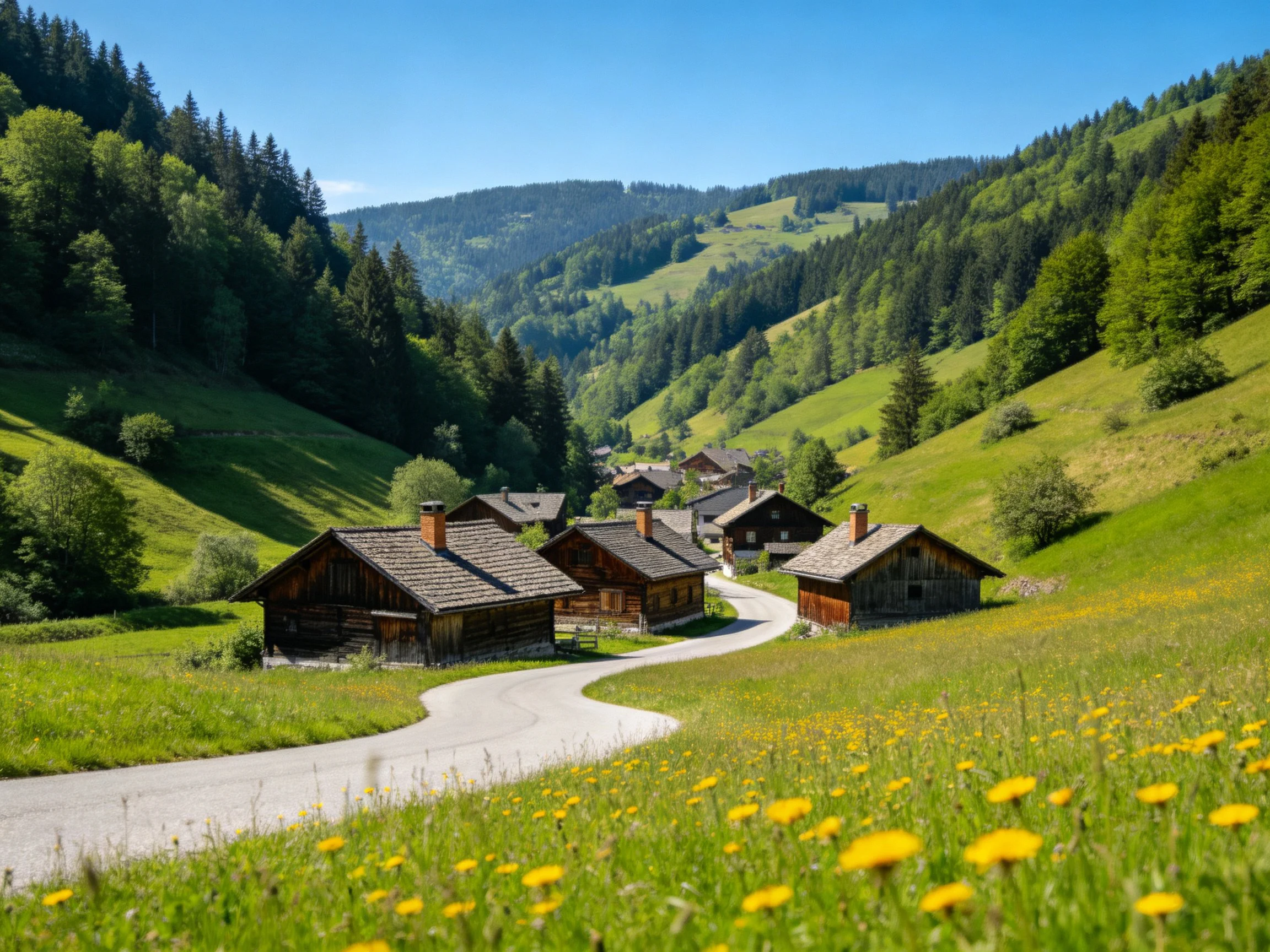 Rustic wooden cabins along winding road in green valley with forested mountains