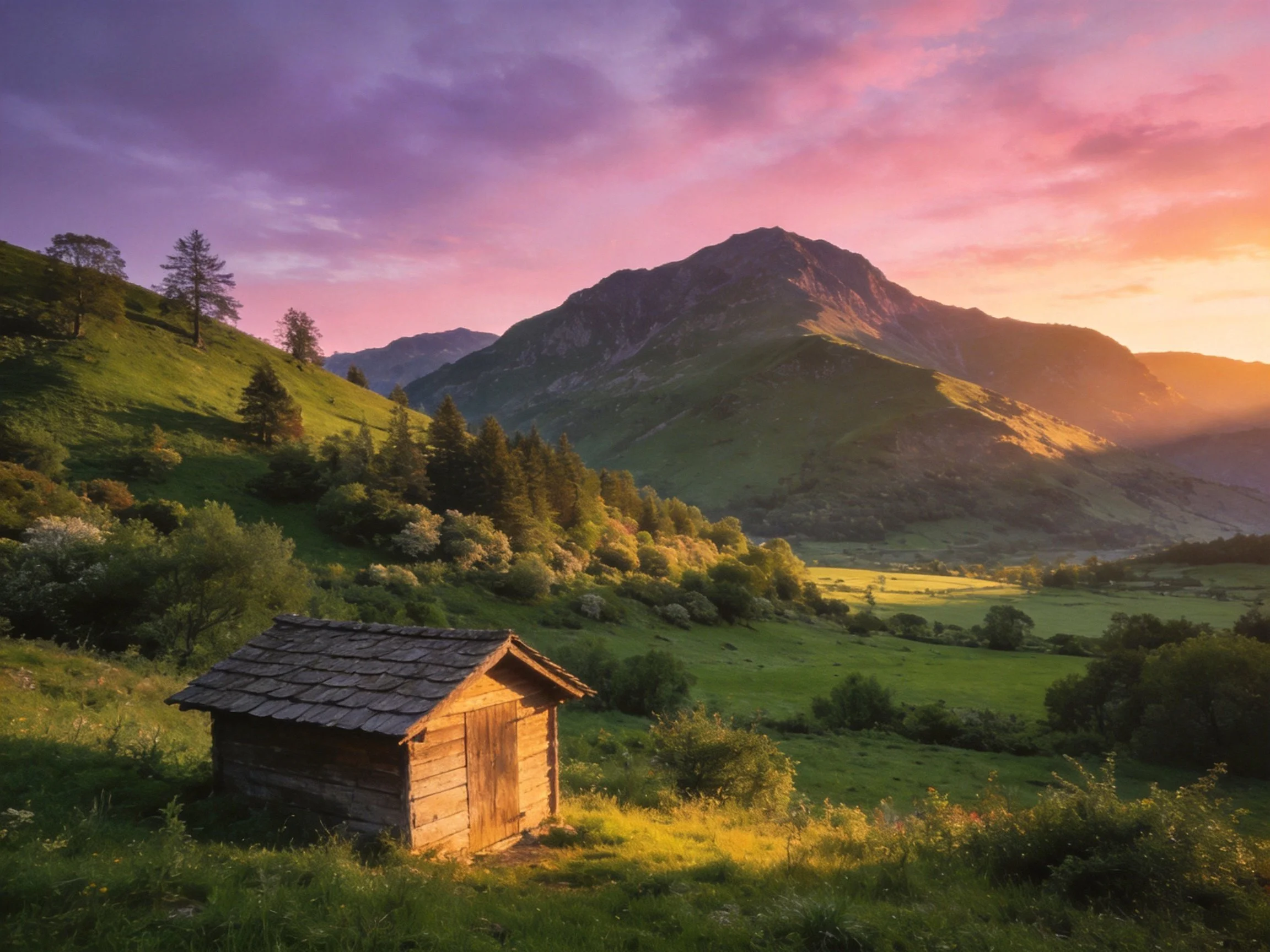 Rustic wooden shed near verdant hills and mountain range at sunset