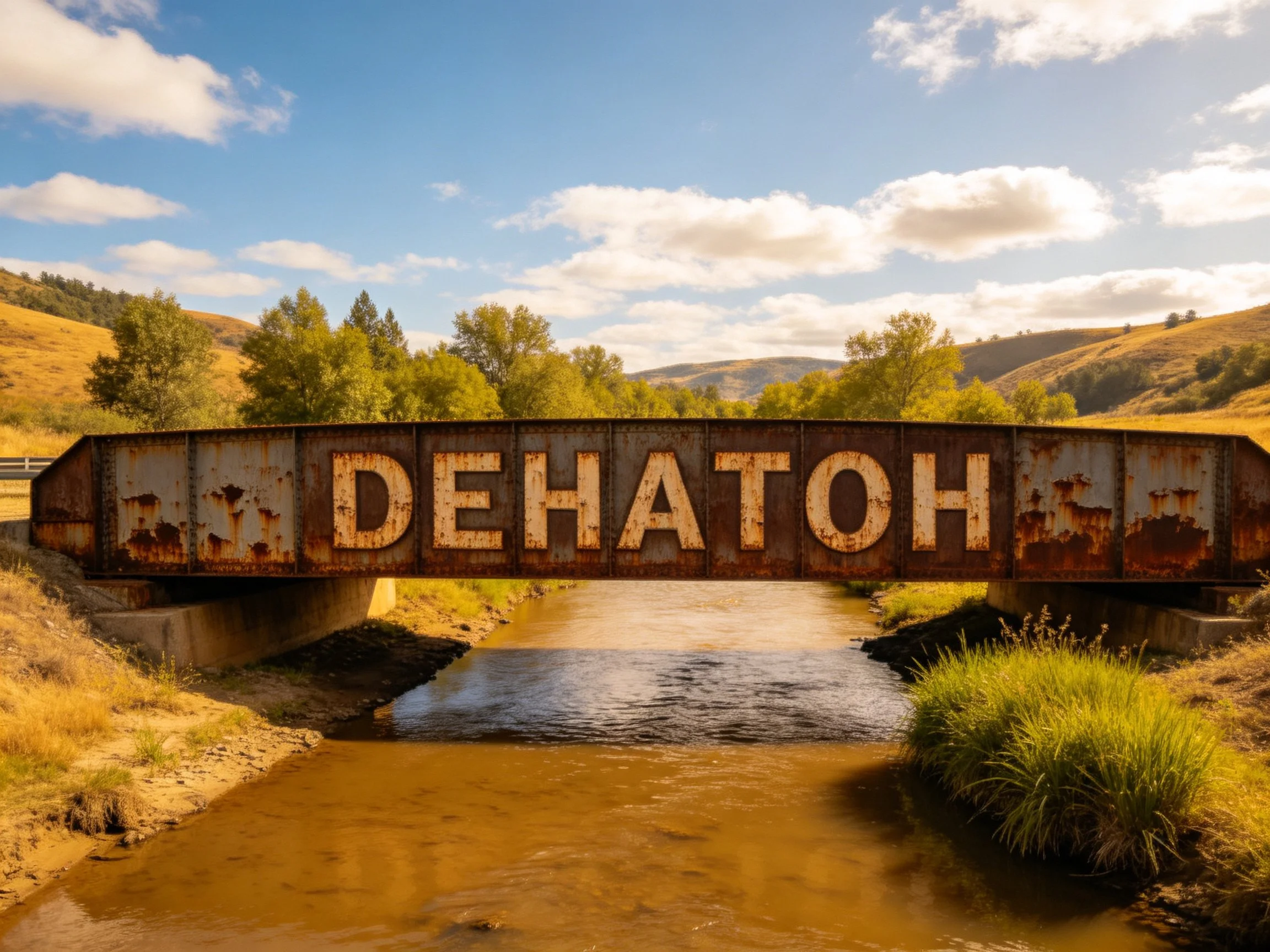 Rusty metal bridge labeled DEHATOH spans a stream in hilly terrain.