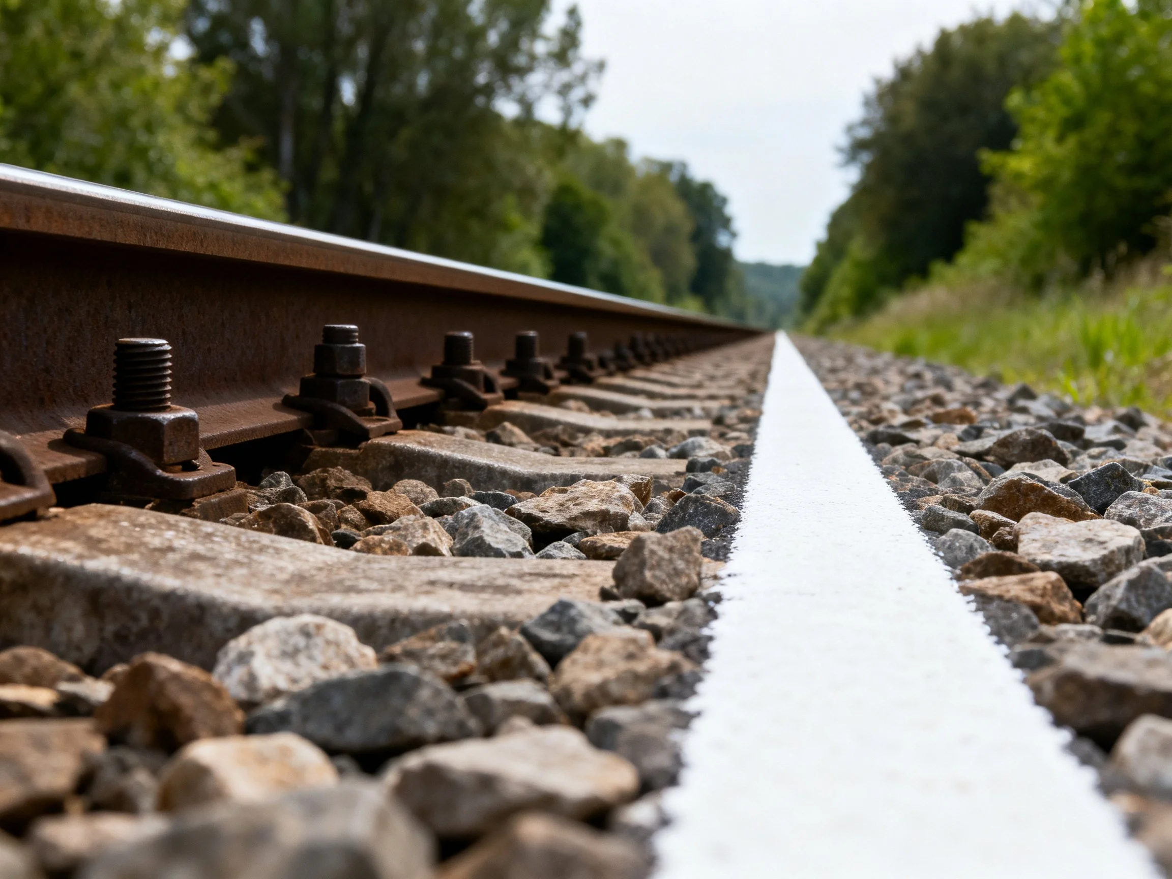 Rusty railroad tracks with white stripe and gravel surroundings
