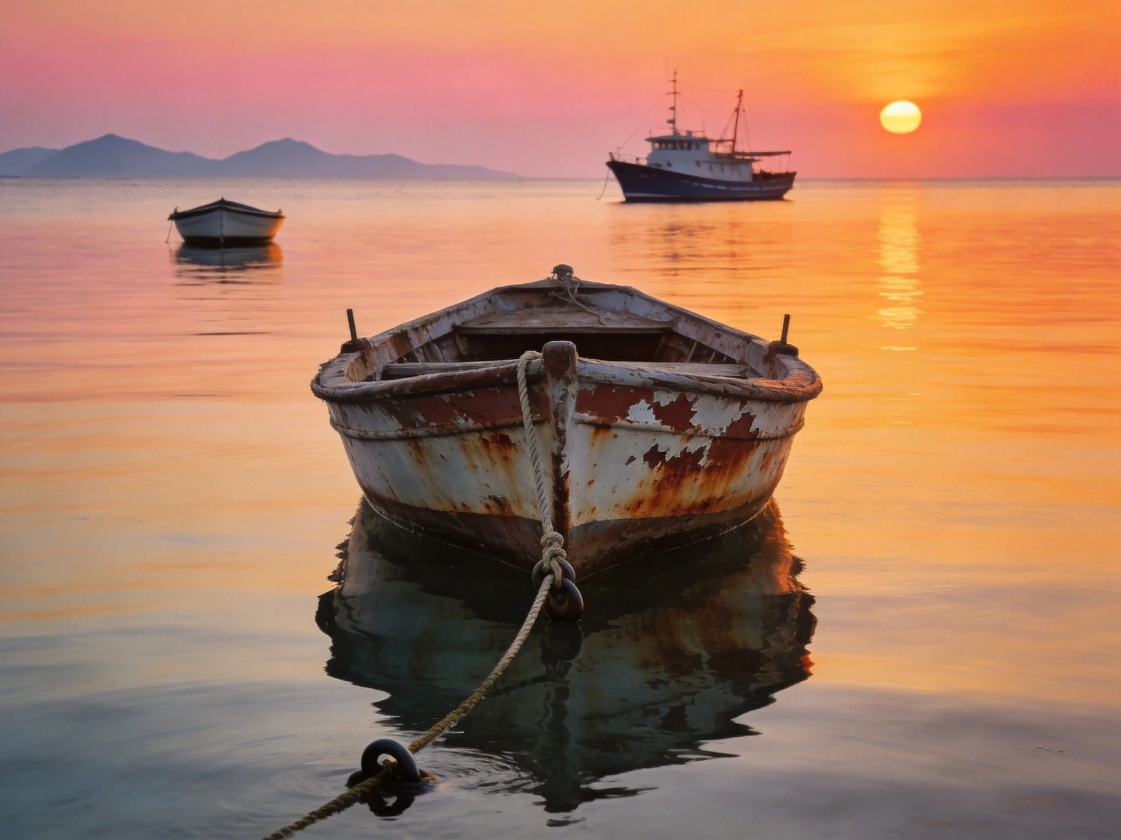 Rusty wooden boat anchored near calm waters at vibrant sunset
