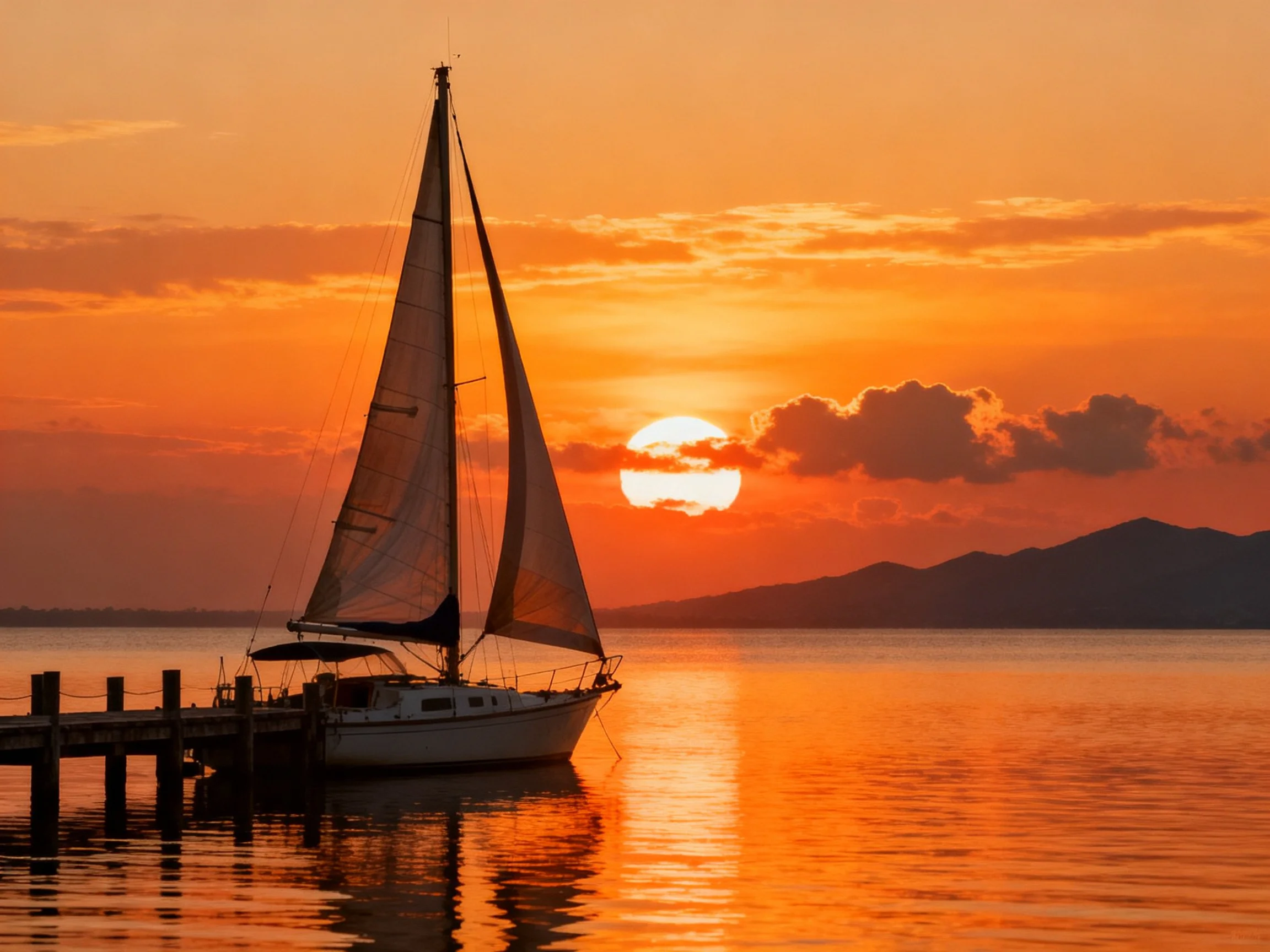 Sailboat docked at golden-hour sunset with orange skies