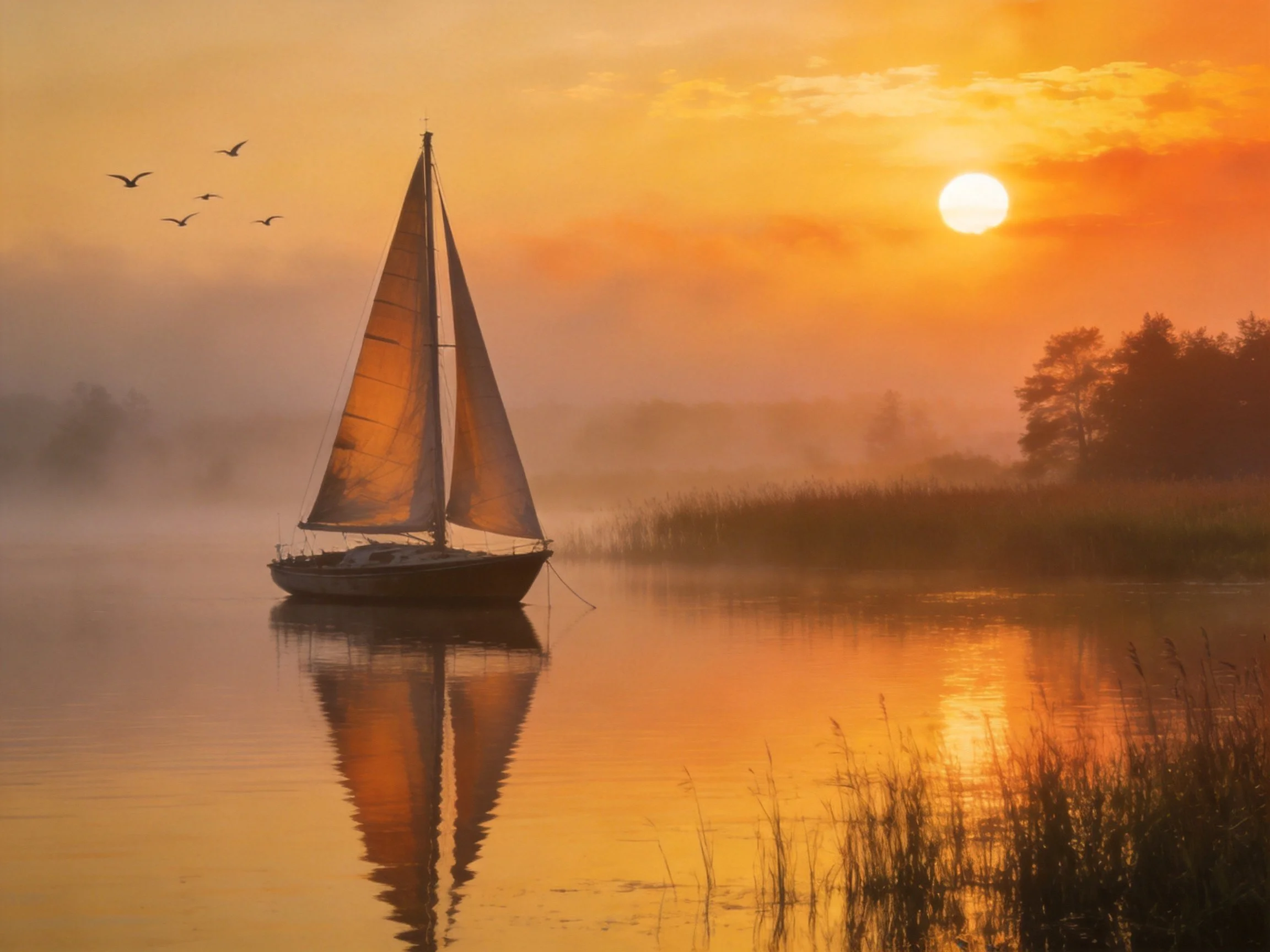 Sailboat glides on misty water at golden sunrise