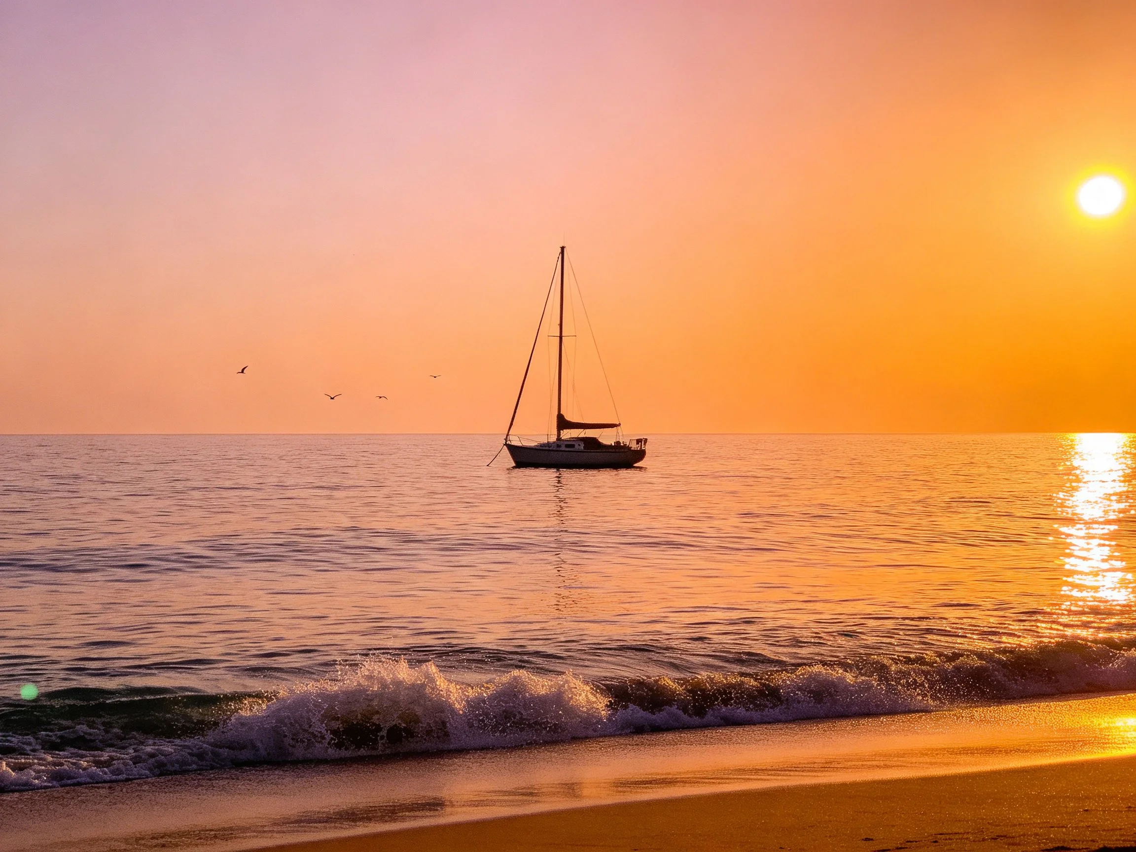 Sailboat silhouetted on calm ocean at vibrant sunset