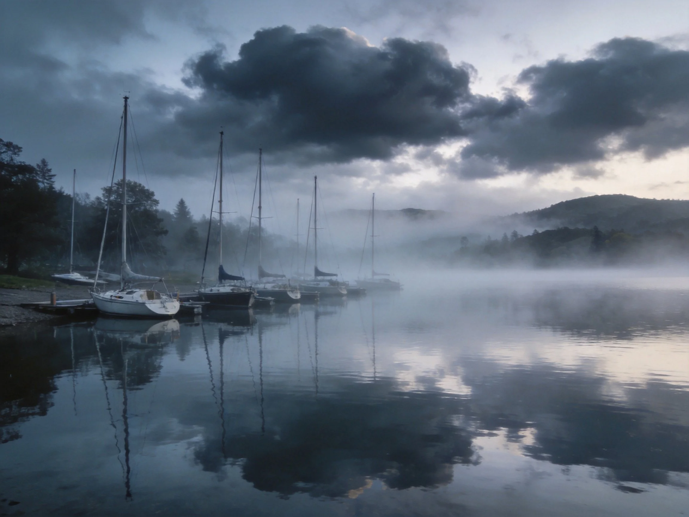 Sailboats Docked Along Misty Lake Under Dark Stormy Skies