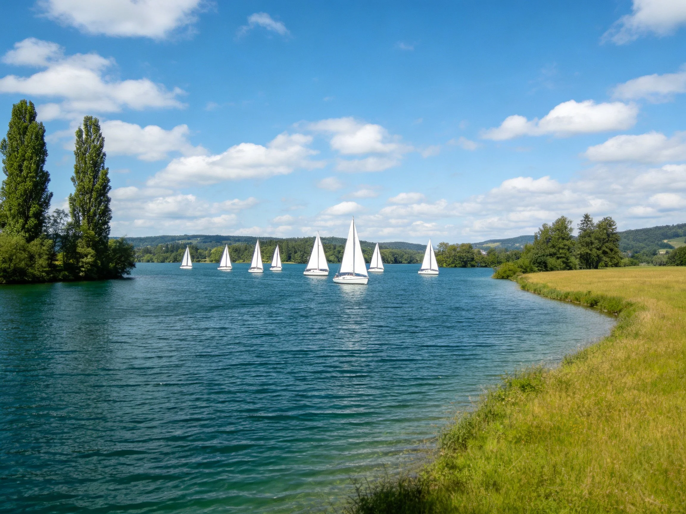 Sailboats glide across a turquoise lake near lush green shores