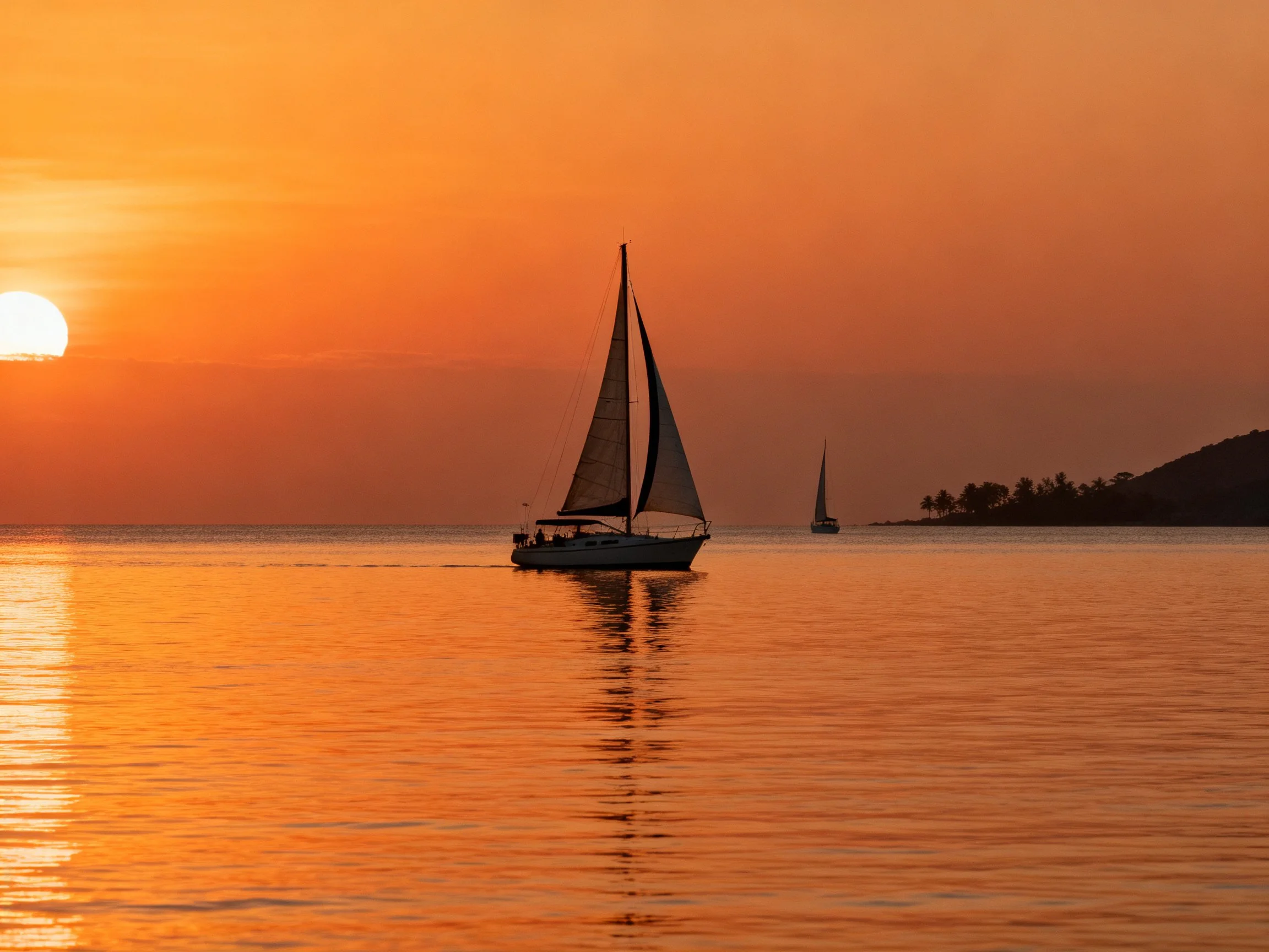 Sailboats on calm water during vibrant orange sunset