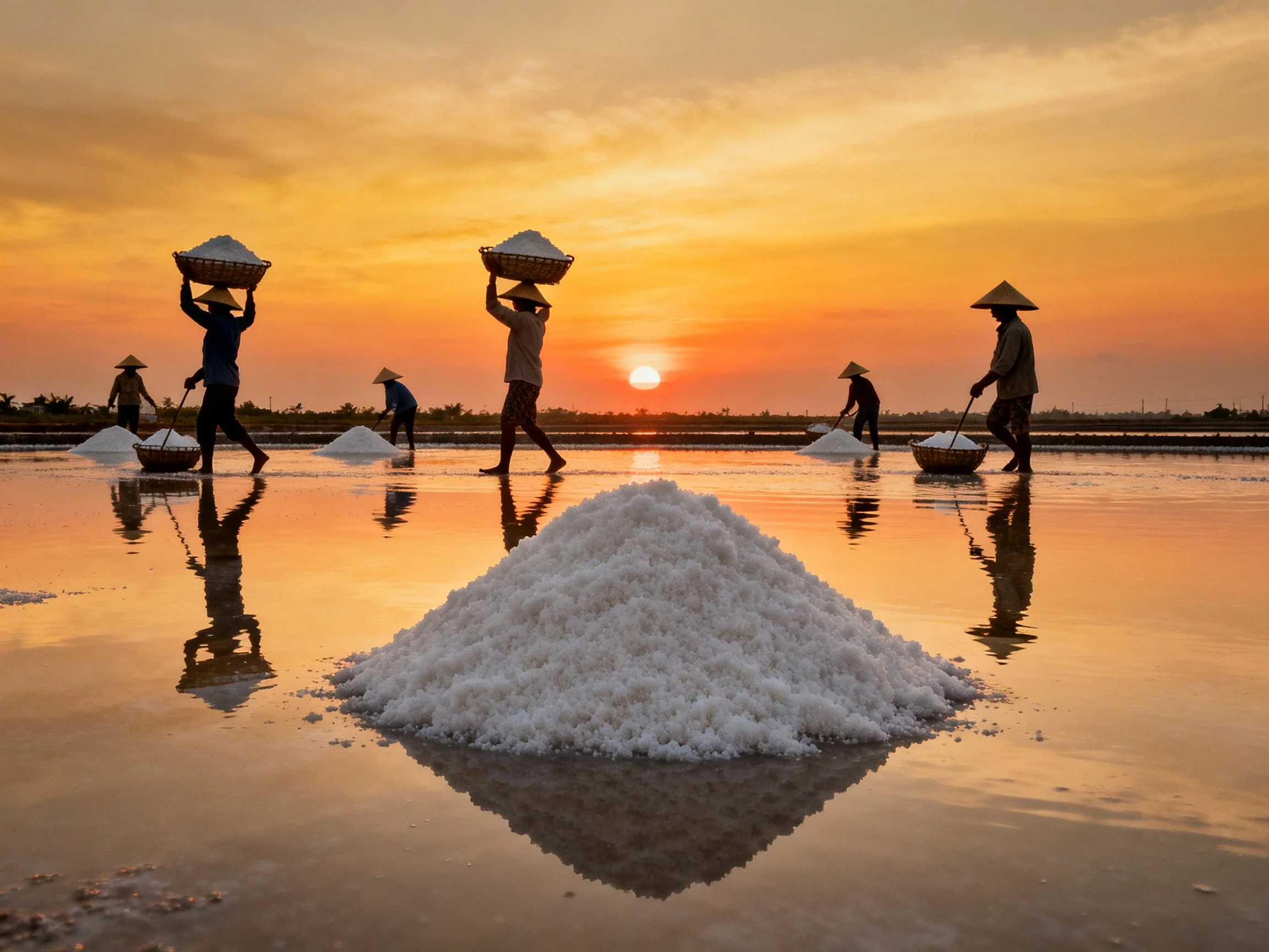 Salt Harvesters Working Under Golden Sunset Skies