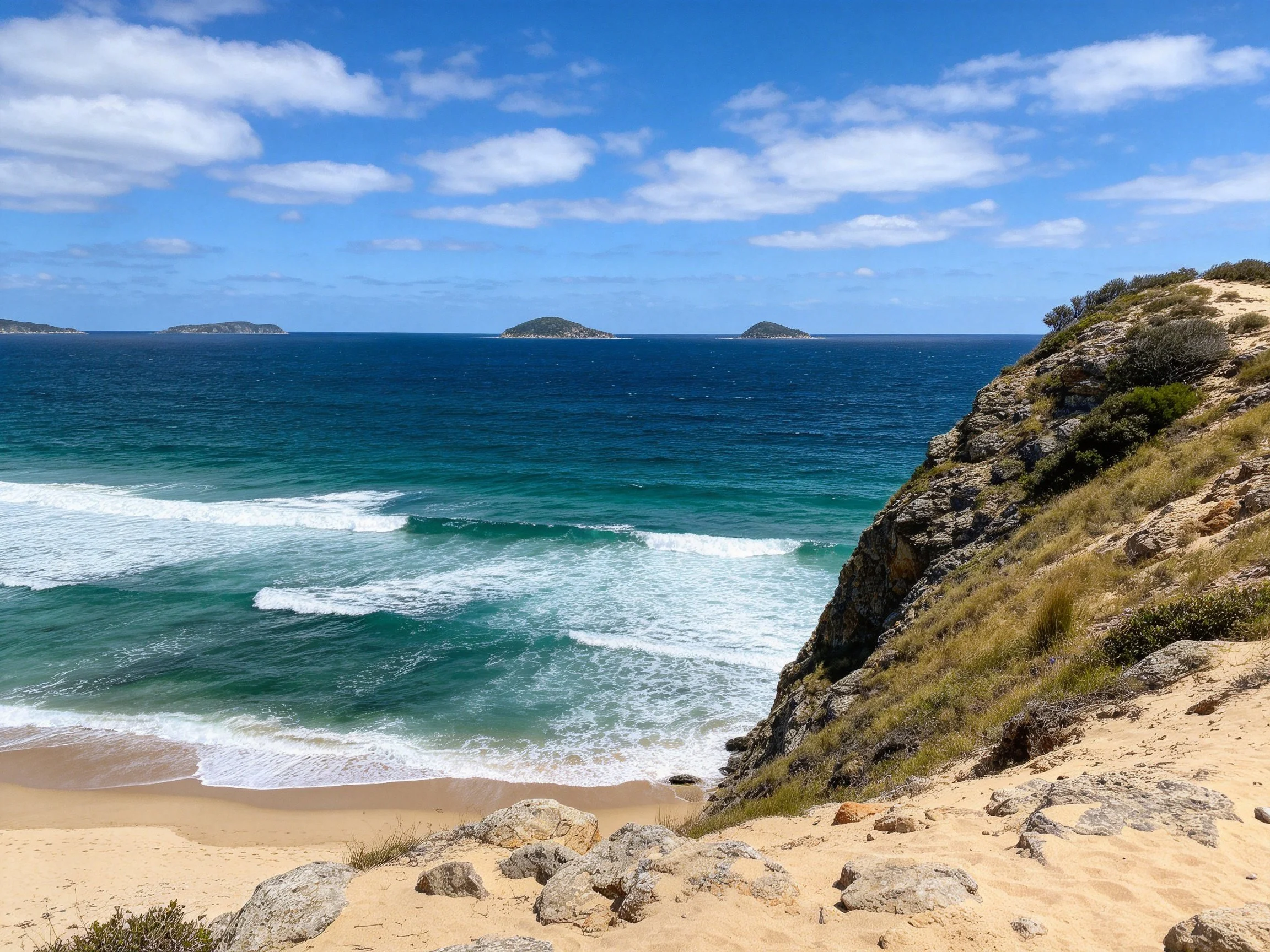 Sandy Beach and Rocky Cliffs Overlooking Turquoise Ocean