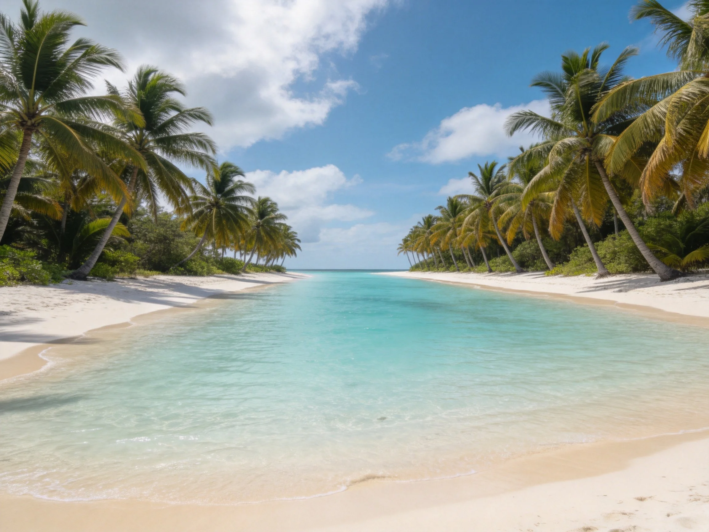 Sandy Beaches Flanking a Turquoise Waterway with Palm Trees