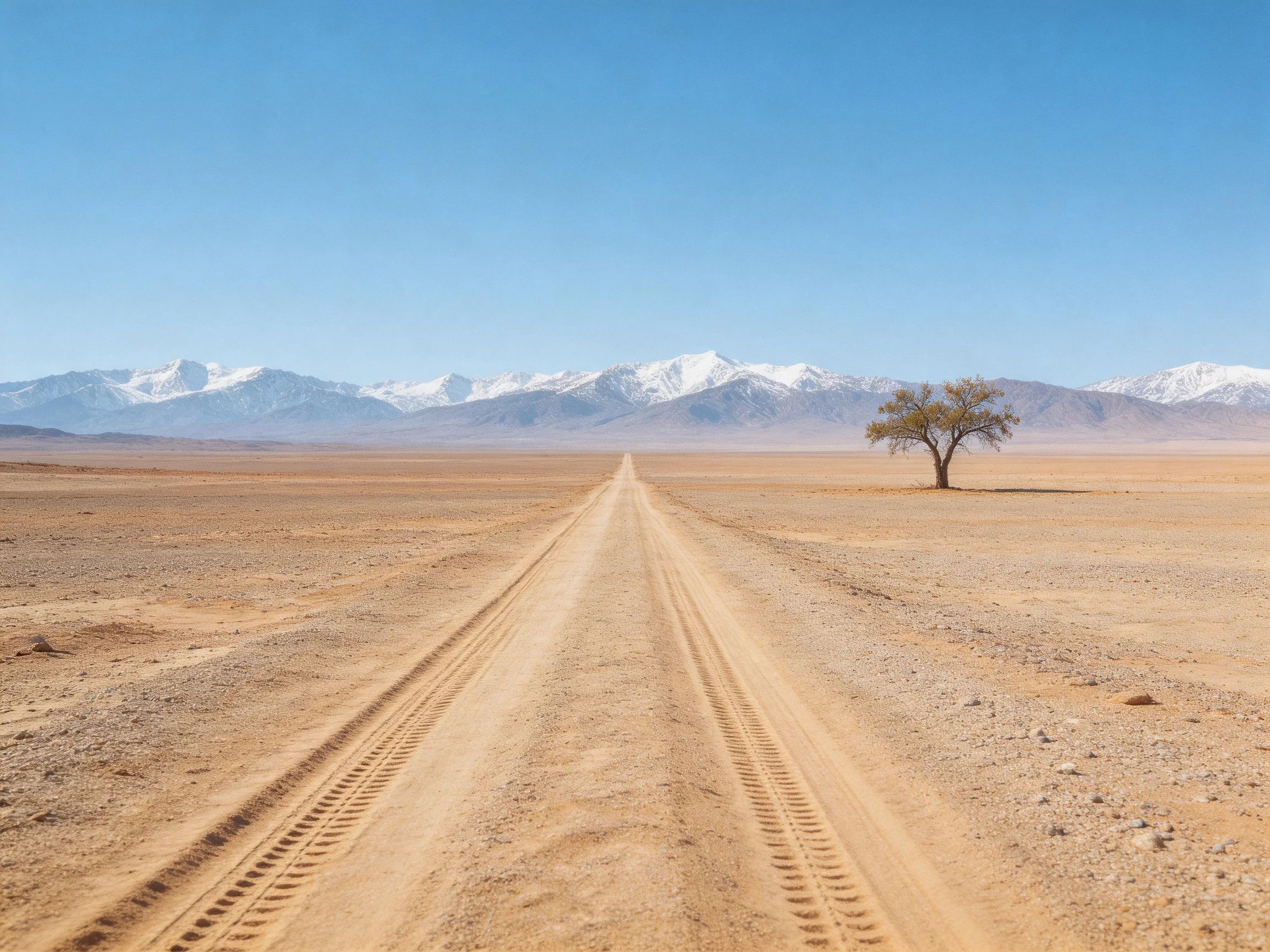Sandy Desert Road Leading to Snow-Capped Mountains with a Lone Tree