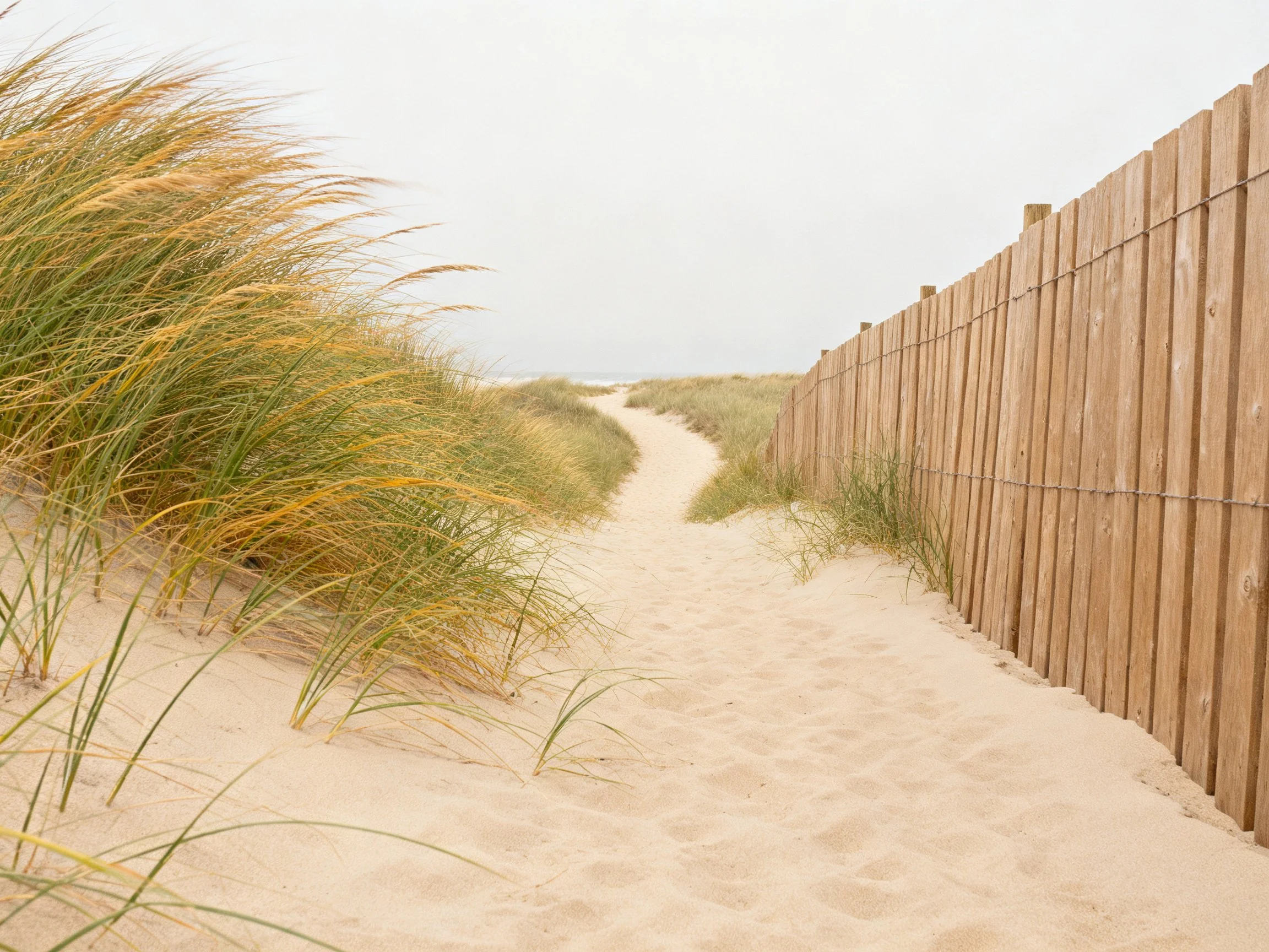 Sandy Dune Path with Tall Grass and Wooden Fence