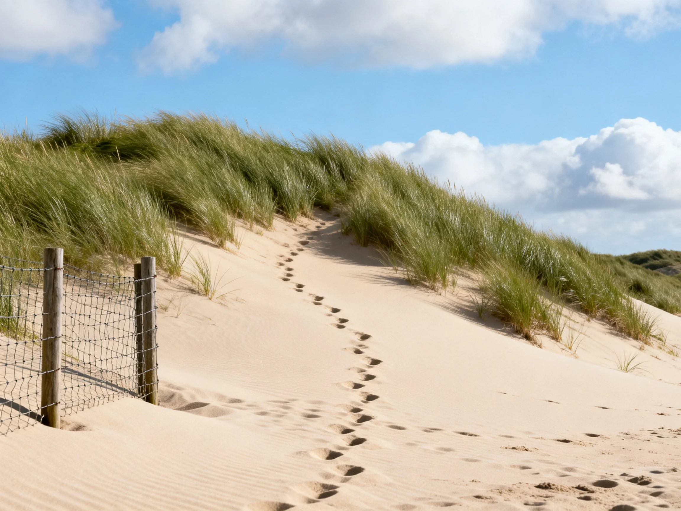 Sandy Dune with Footprints, Fence, and Tall Green Grass