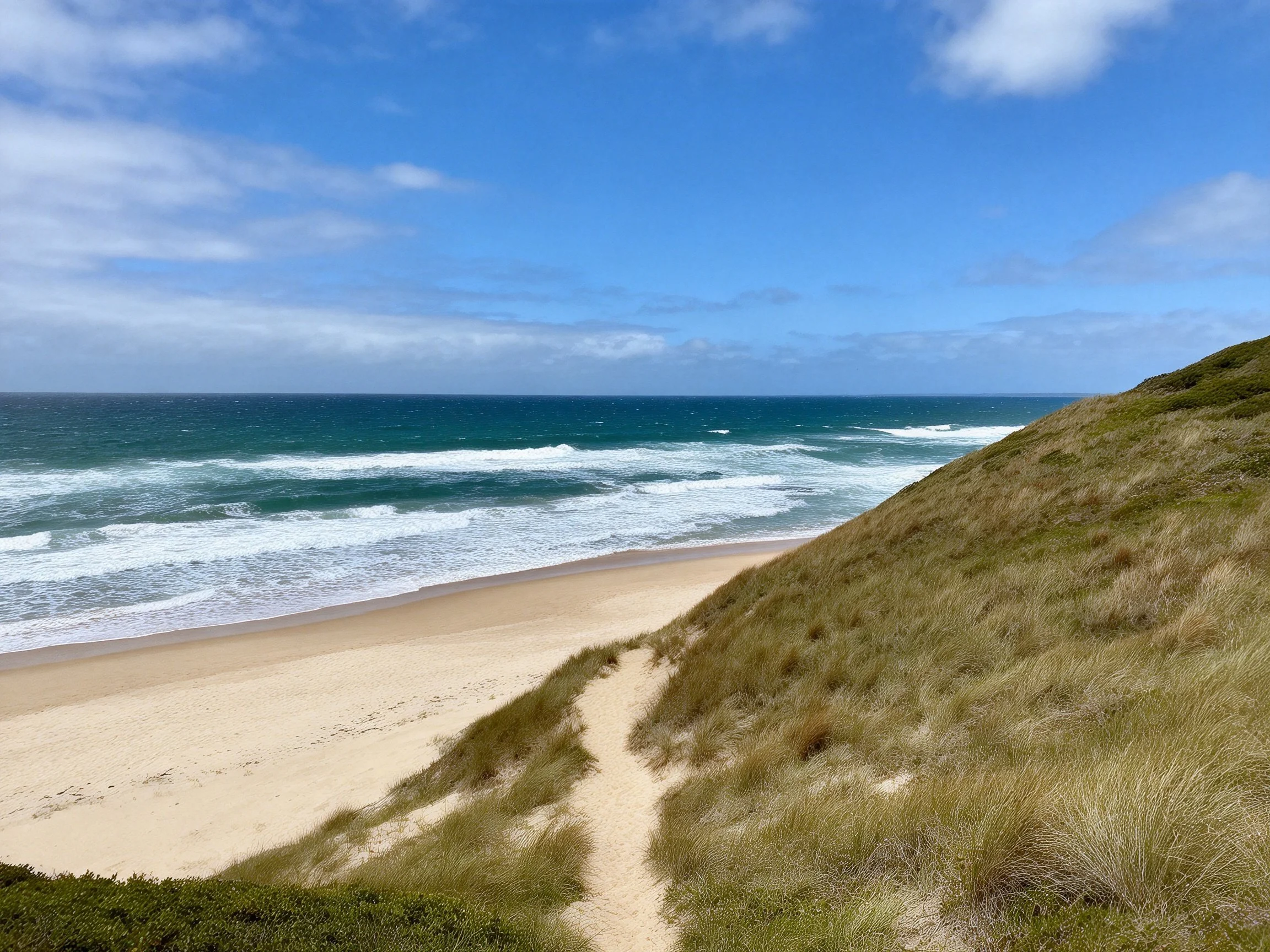 Sandy beach, turquoise ocean, and green coastal dunes under bright sky