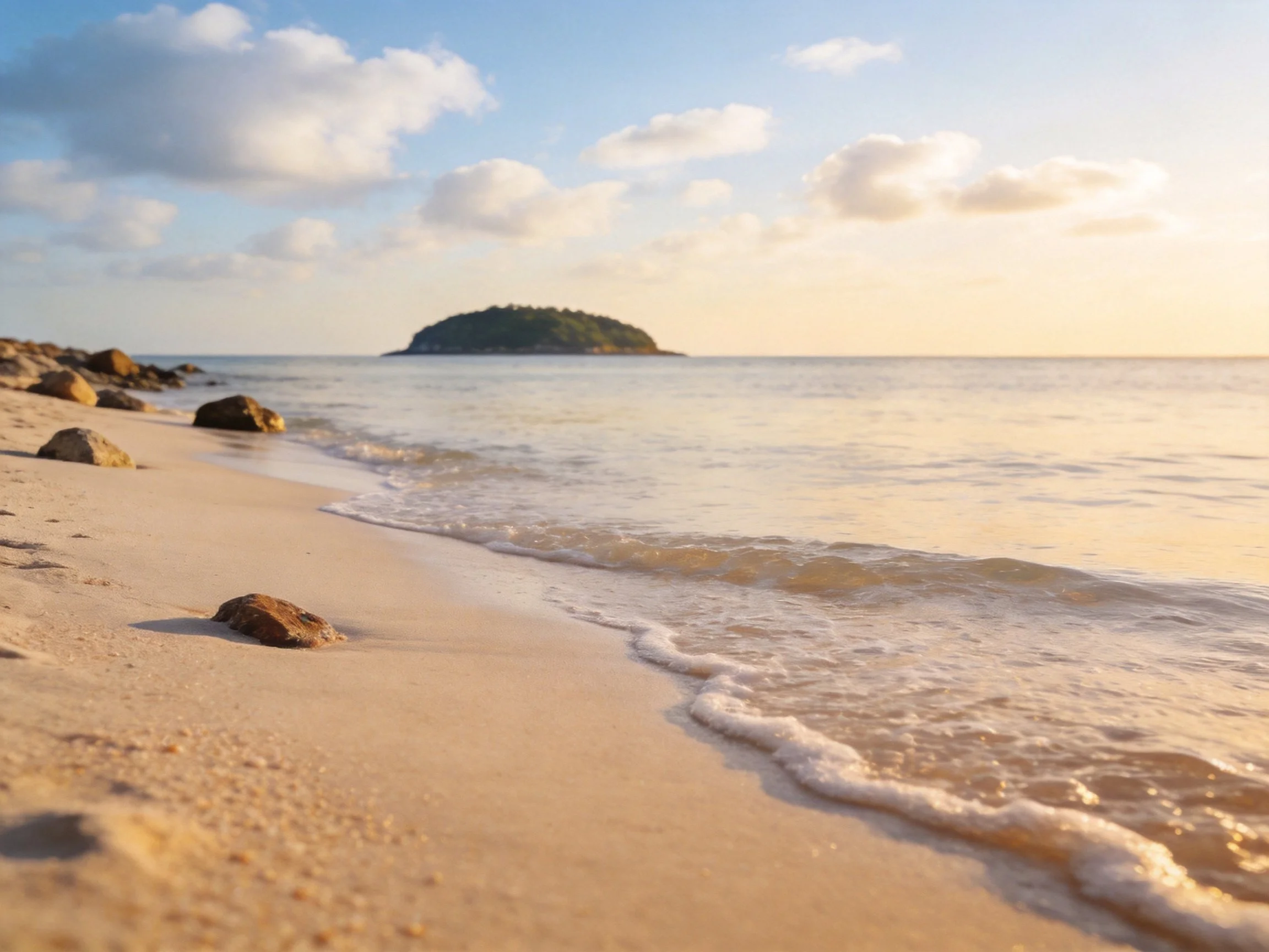 Sandy beach with gentle waves, scattered rocks, and a distant green island