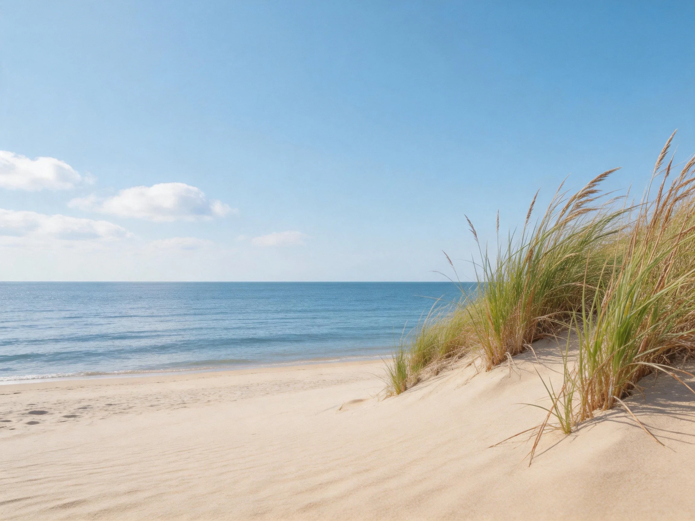 Sandy beach with grassy dunes overlooking calm blue ocean