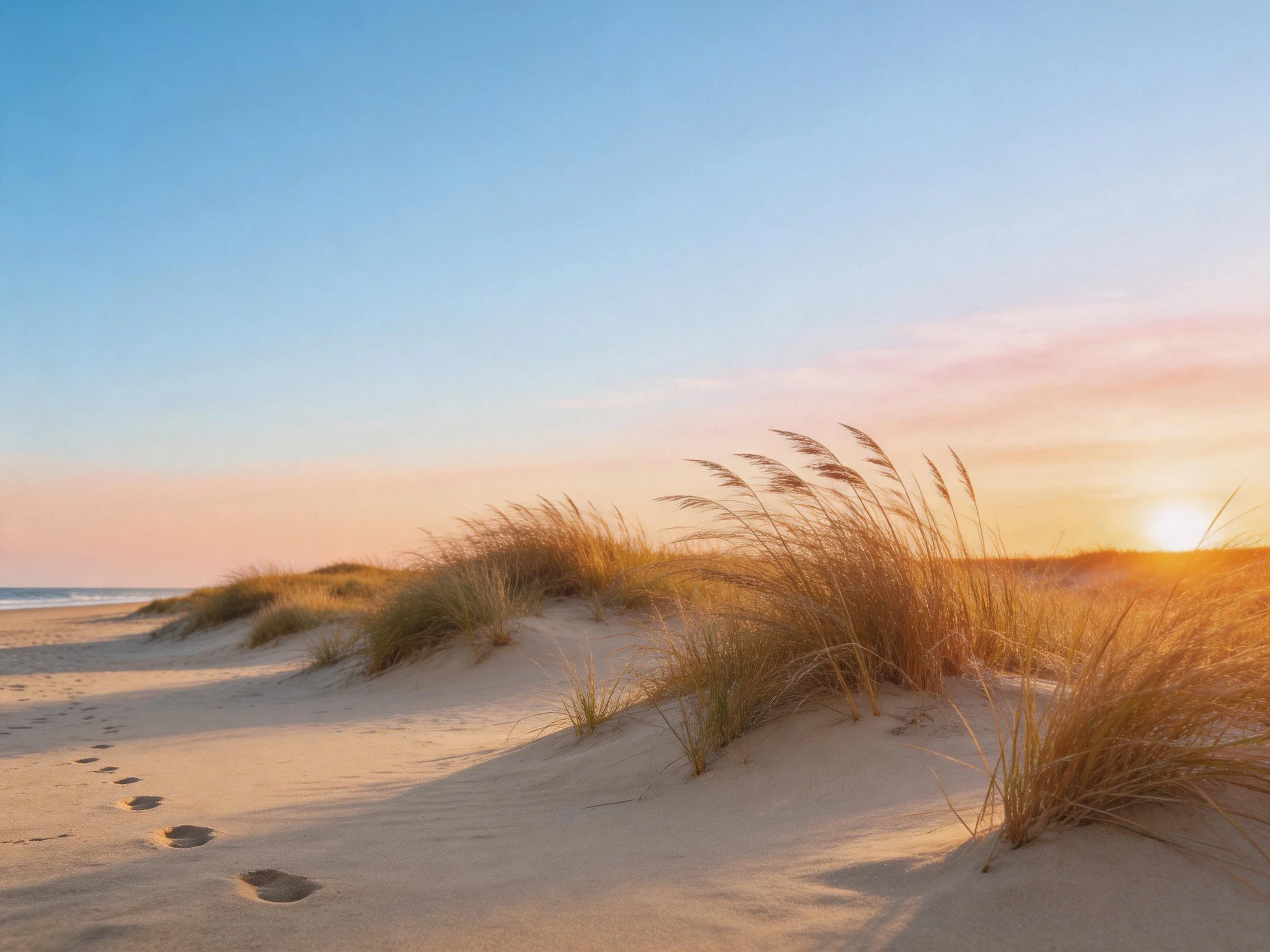Sandy coastal dunes with tall grasses under a glowing sunset
