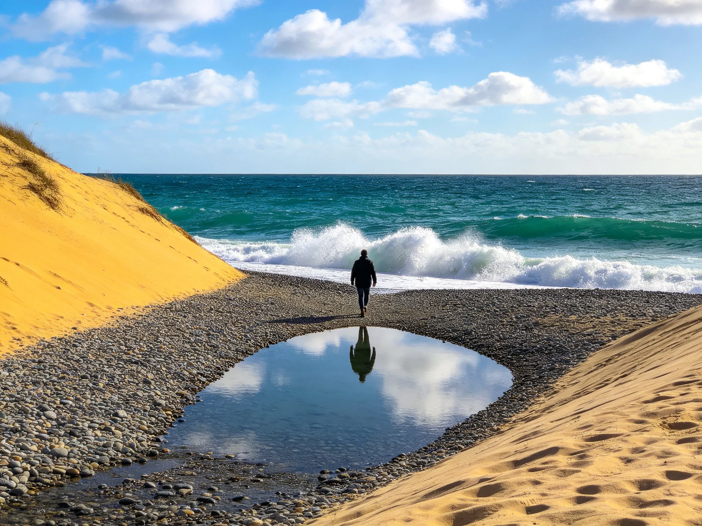 Sandy coastal path leads to turquoise waves with a reflective puddle