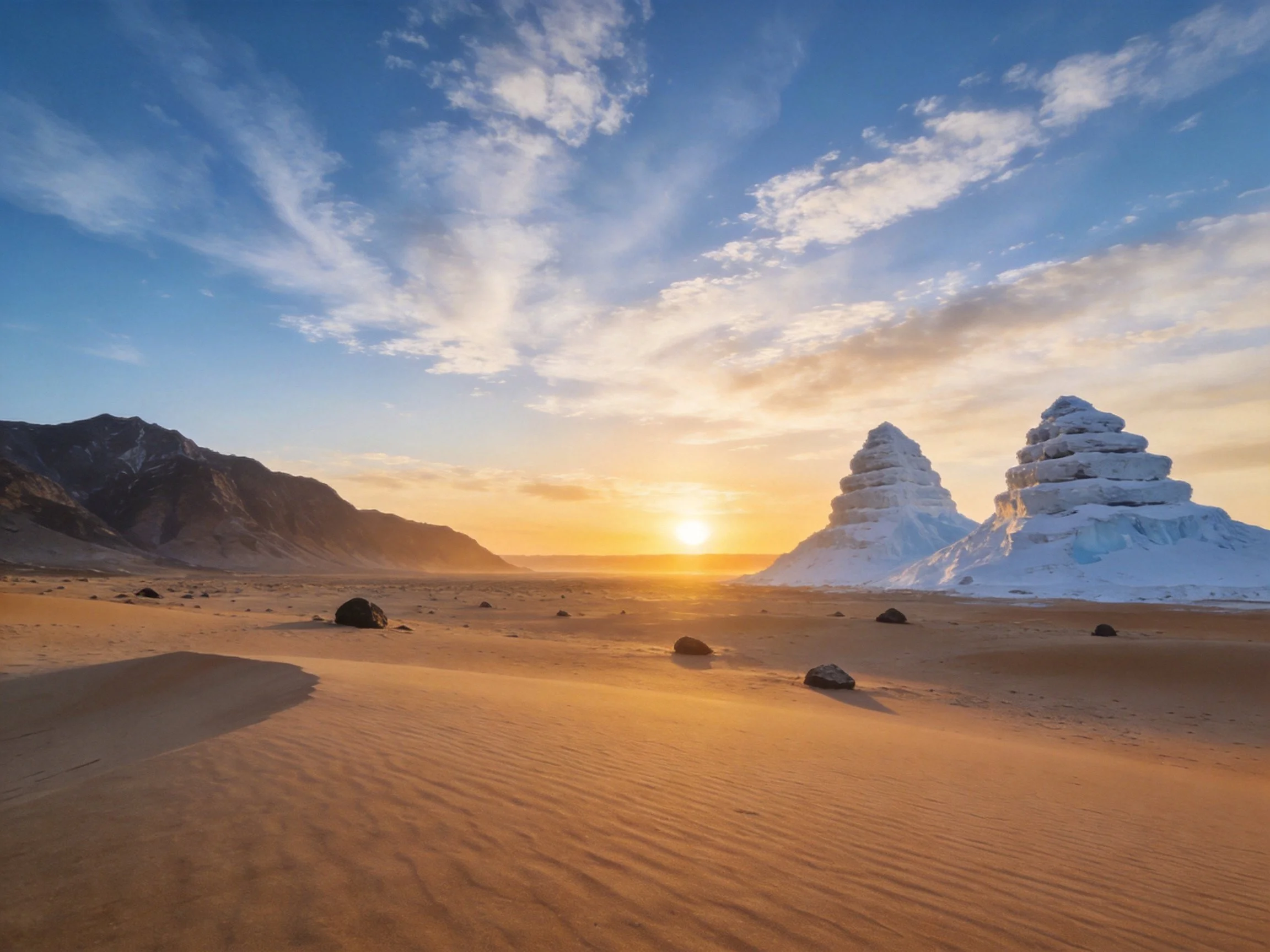 Sandy desert with icy pyramid formations under golden sunset