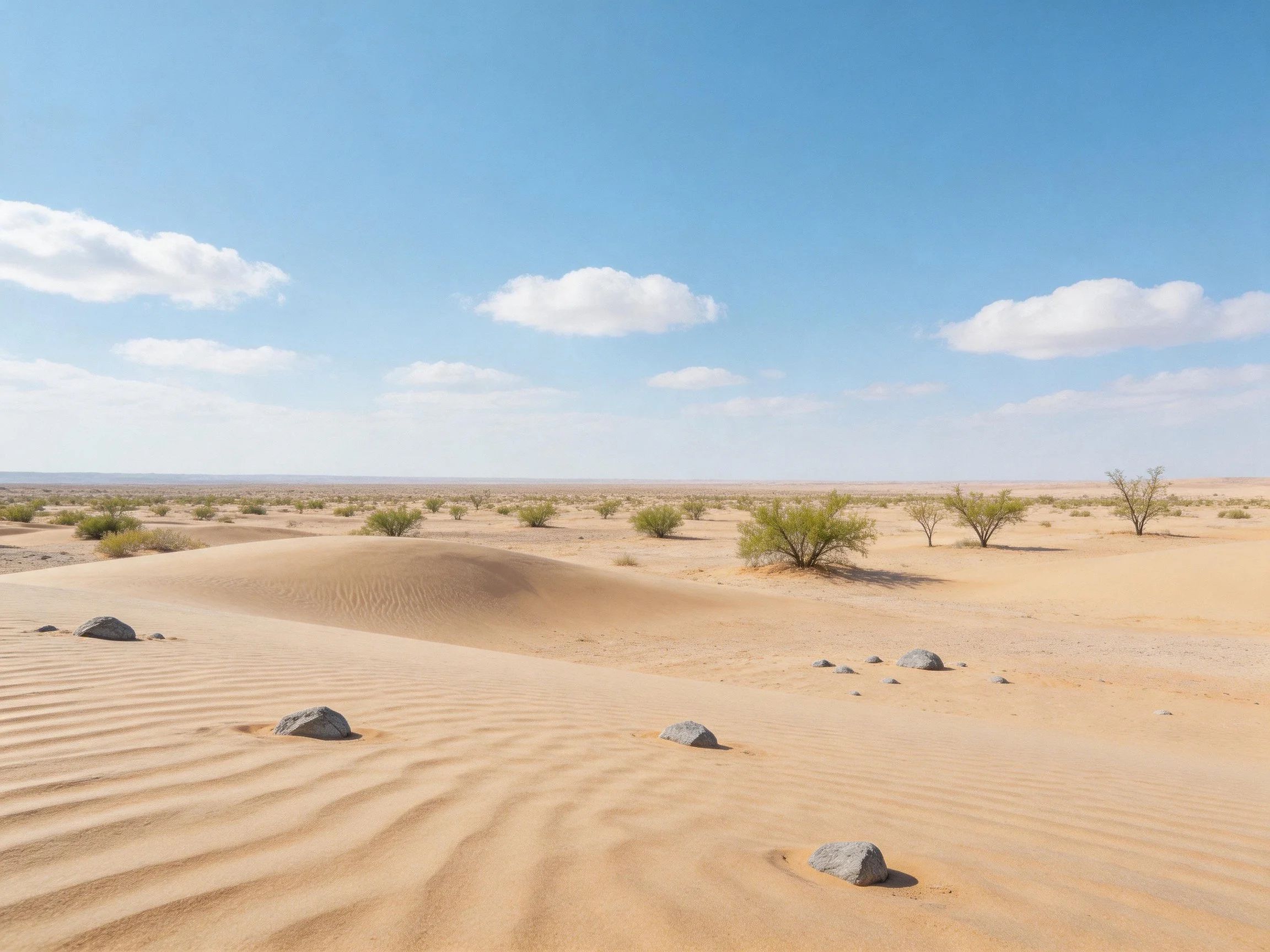 Sandy desert with scattered rocks and sparse shrubs