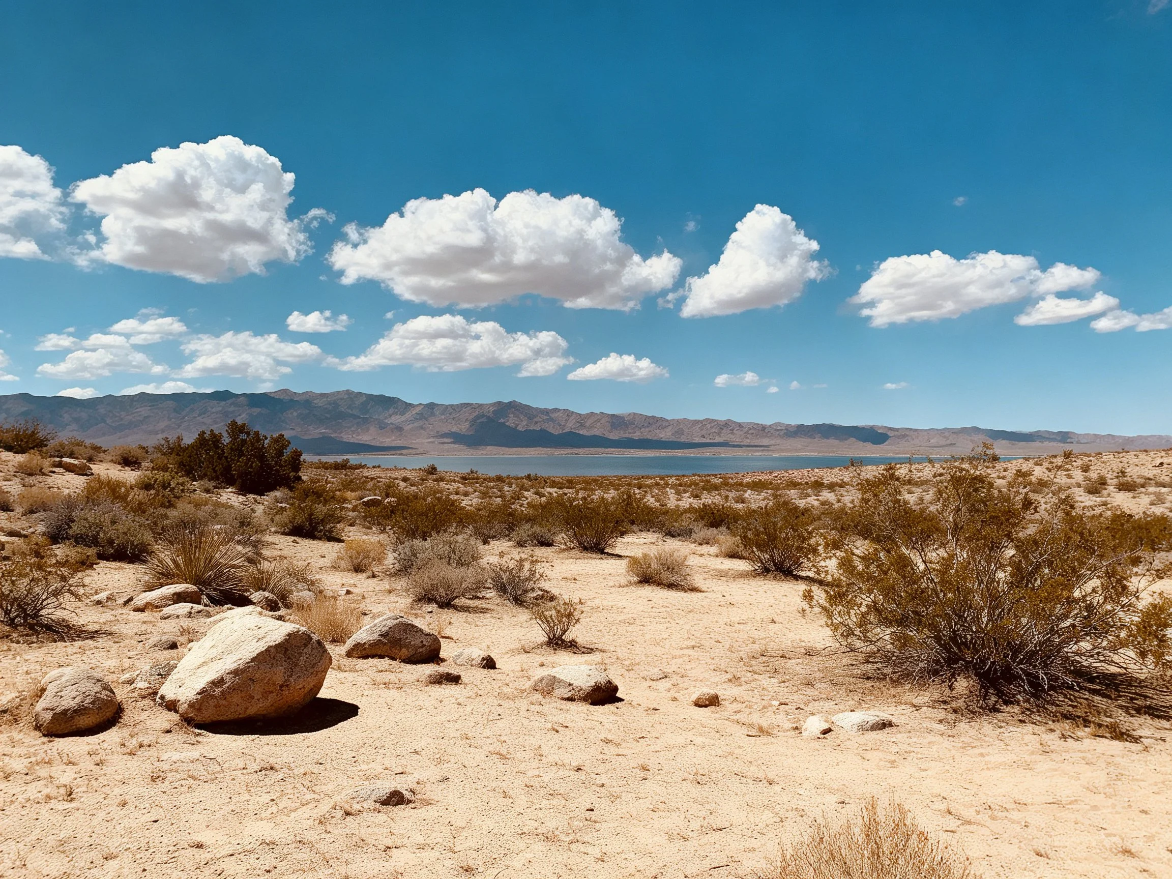 Sandy desert with scattered rocks, shrubs, and distant mountains