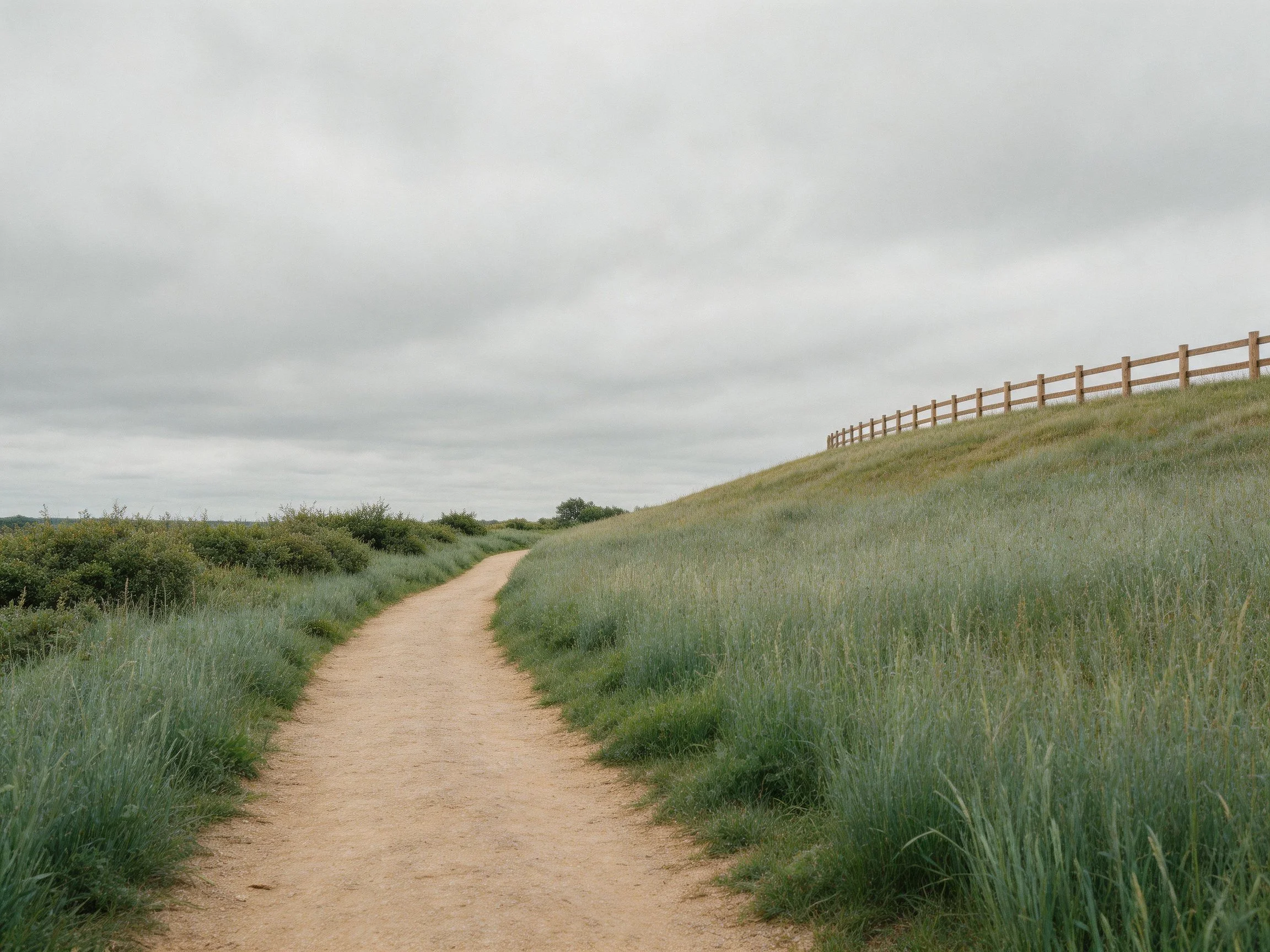 Sandy path winds through tall green grass near wooden fence under overcast sky