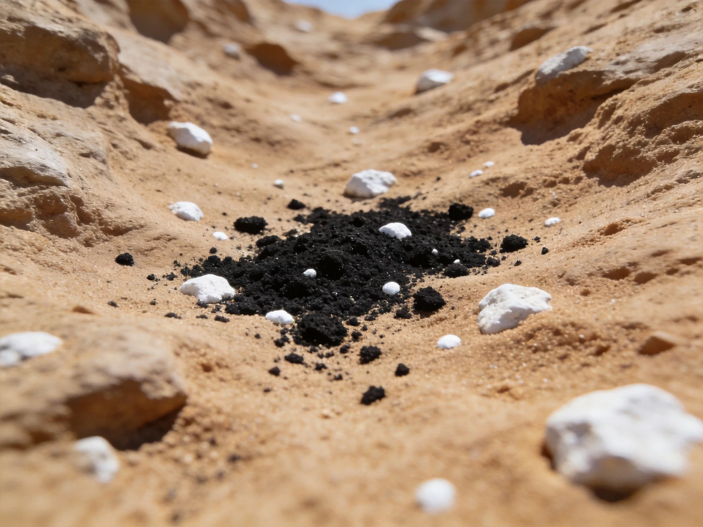 Sandy terrain with scattered black debris and white stones