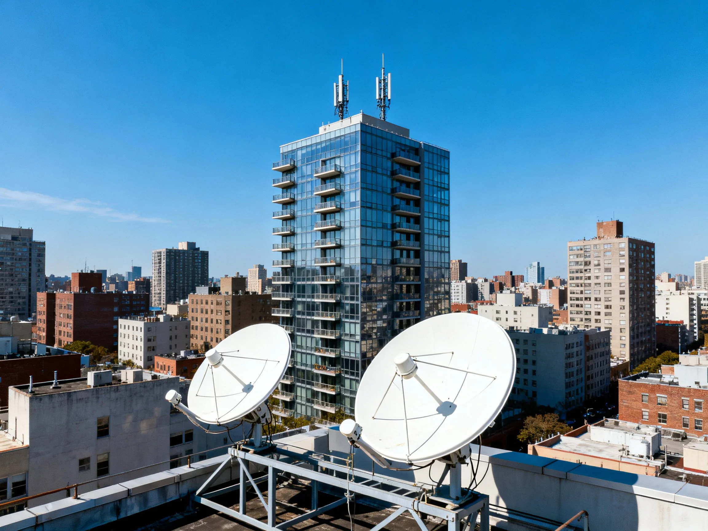 Satellite Dishes on Rooftop with Modern Glass Skyscraper