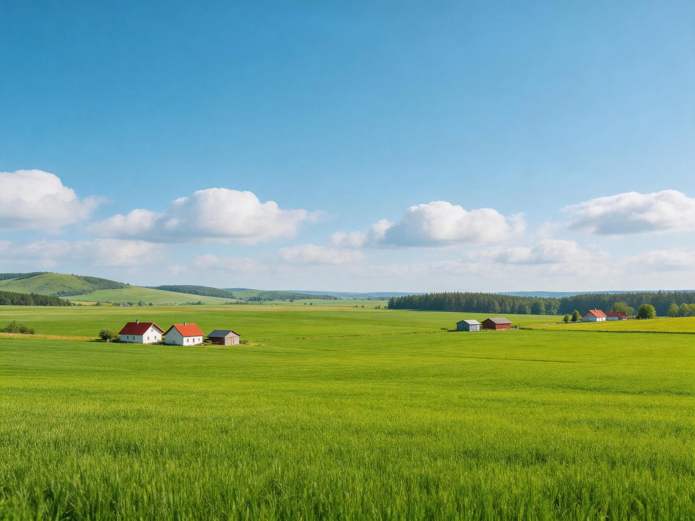 Scattered farmhouses in expansive green fields under bright blue skies