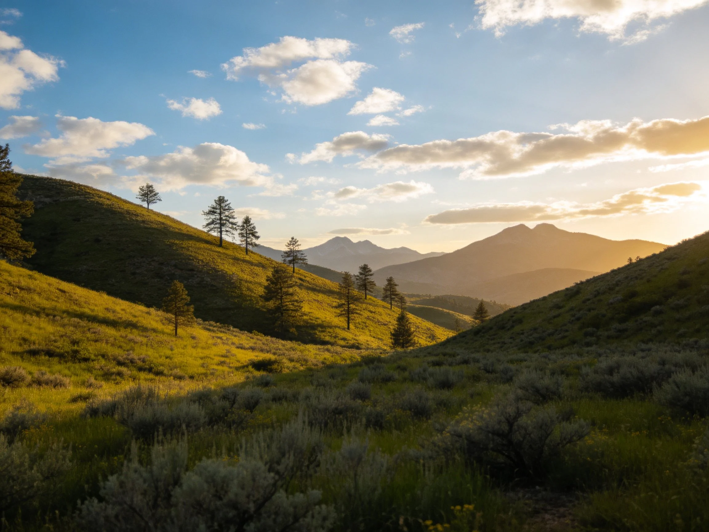 Scattered pine trees atop rolling green hills under golden sunset sky