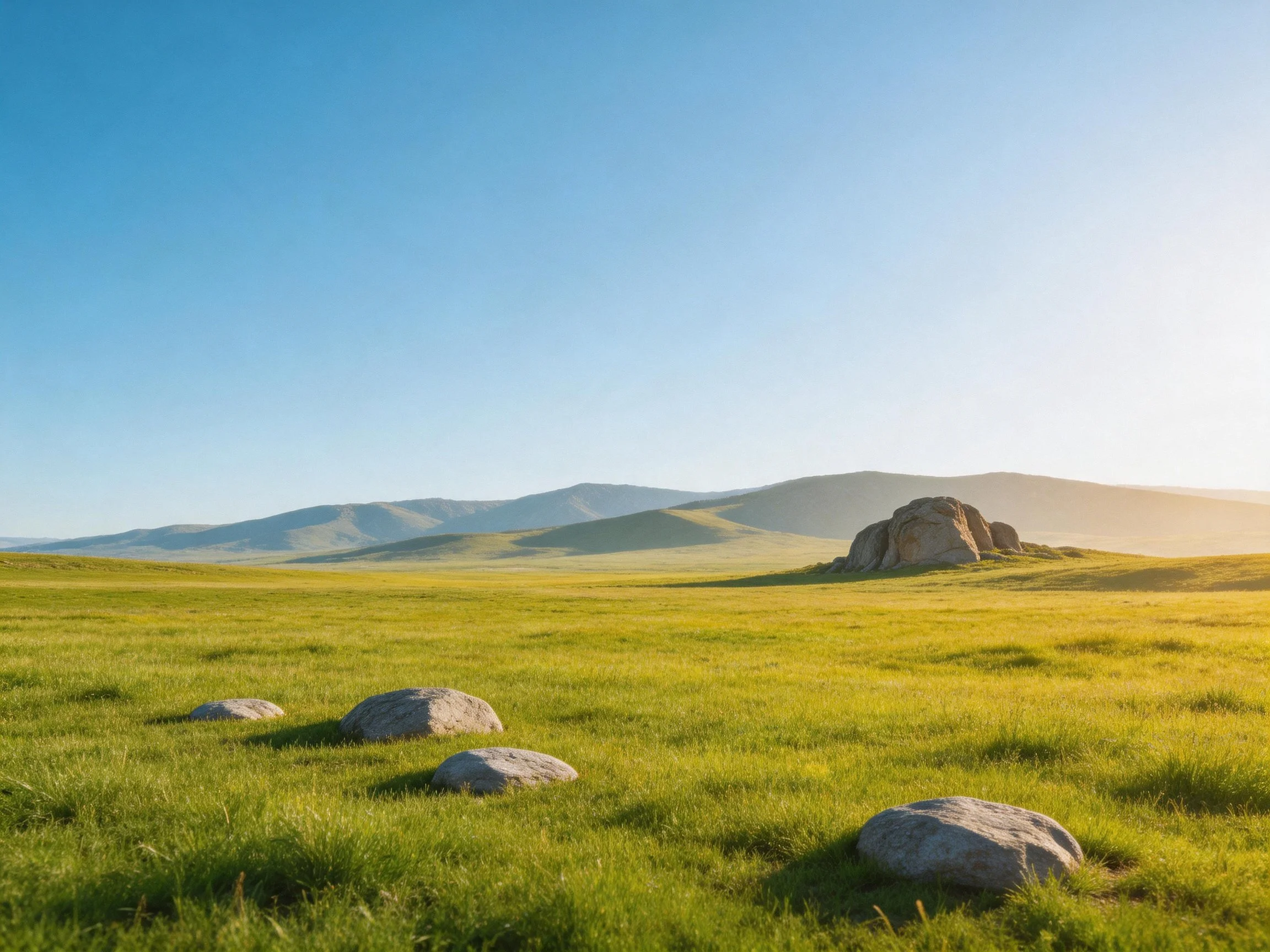 Scattered rocks dot a lush green meadow near rolling mountains