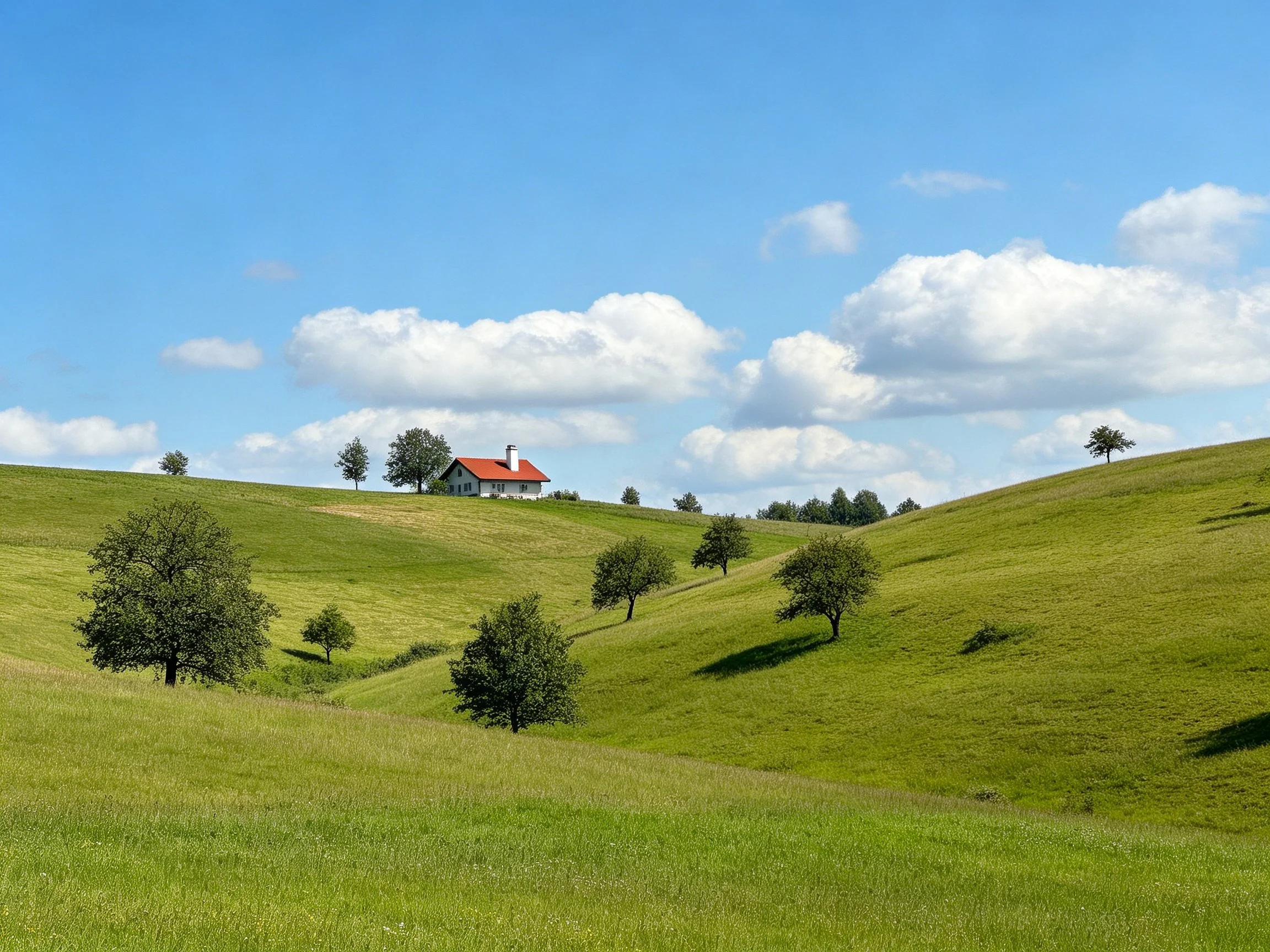 Scattered trees dot rolling green hills near a red-roofed house.